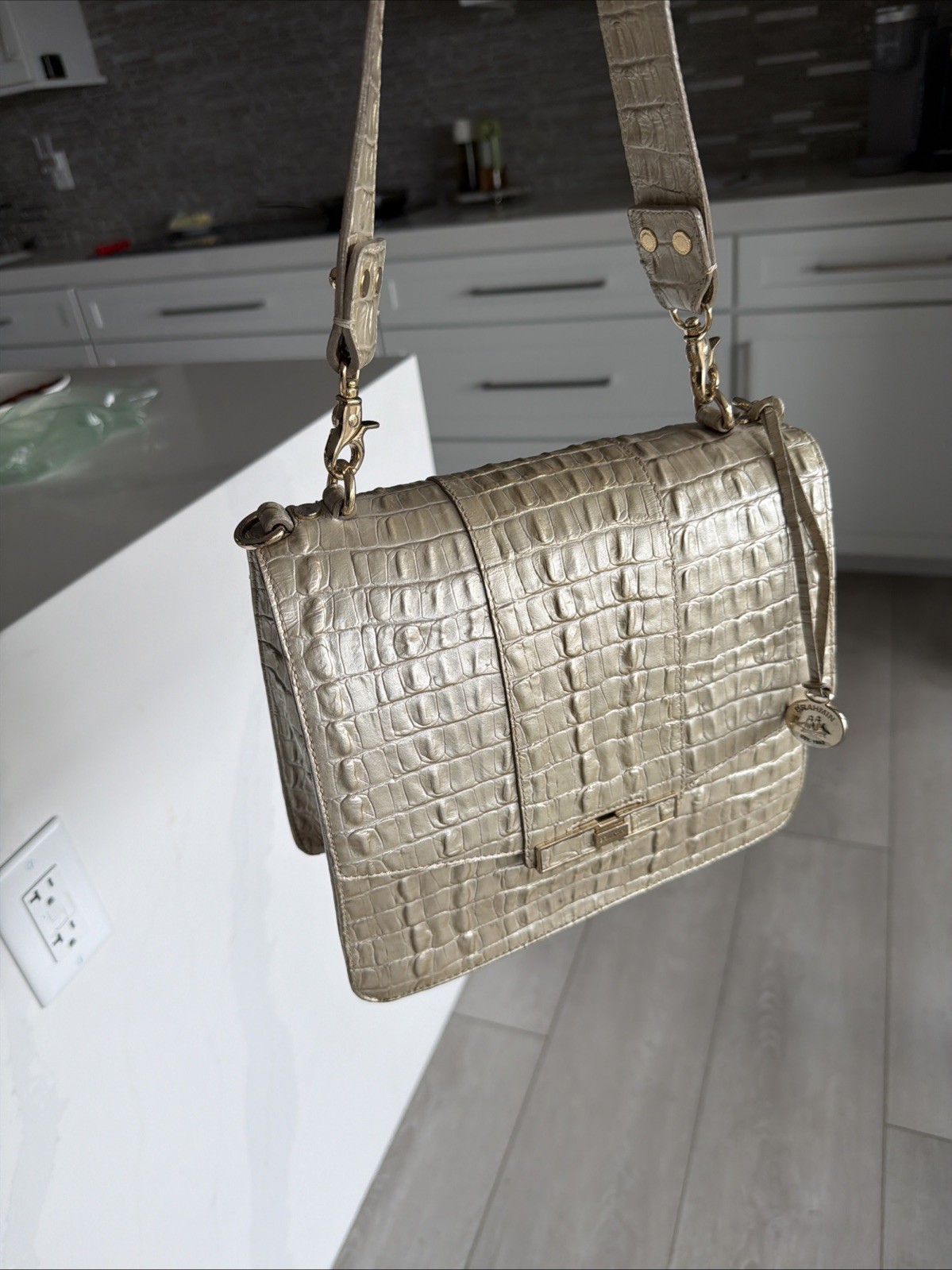 Y2K Vintage Brahmin Push Lock Satchel Metallic Subtle Golden Hue See Description