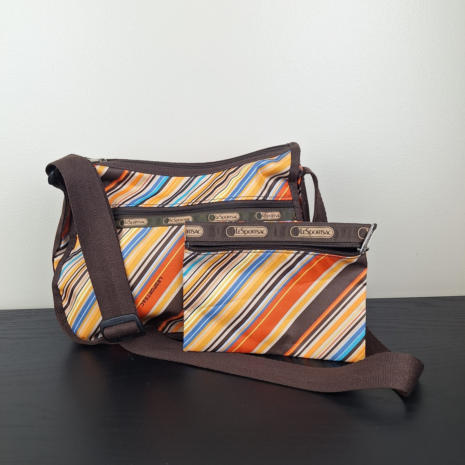 Lesportsac Deluxe Everyday Bag 70s Retro Style Striped Nylon Crossbody + Pouch