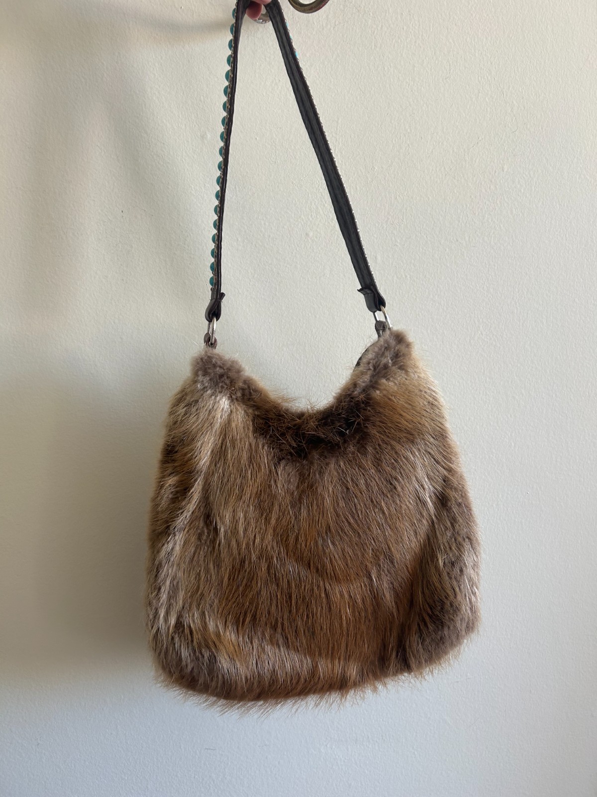 Authentic Southwestern-Style Suede and Fur Bag with Studded Turquoise Accents