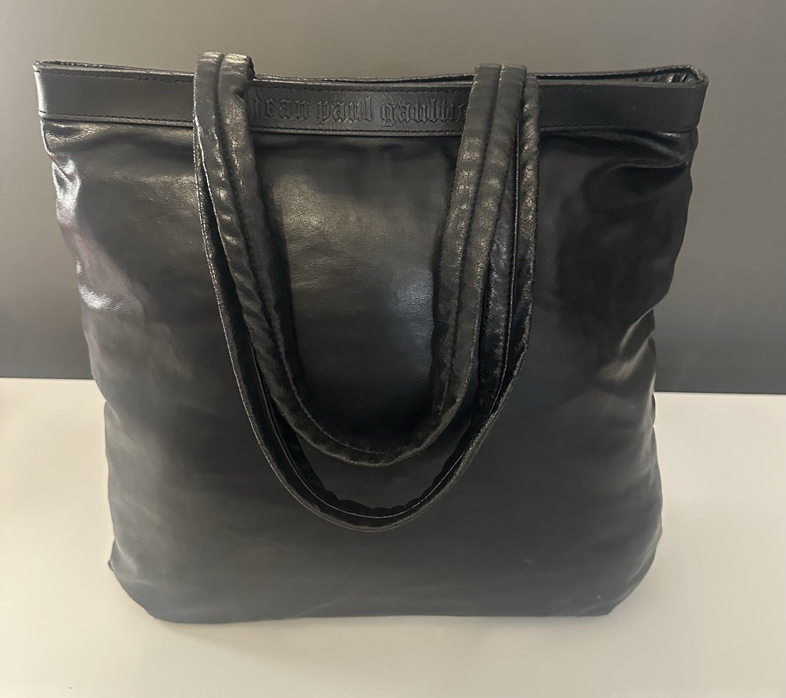 Jean Paul Gaultier Black Leather Tote Logo Vintage 12″ X 13″ Double Handle Rare