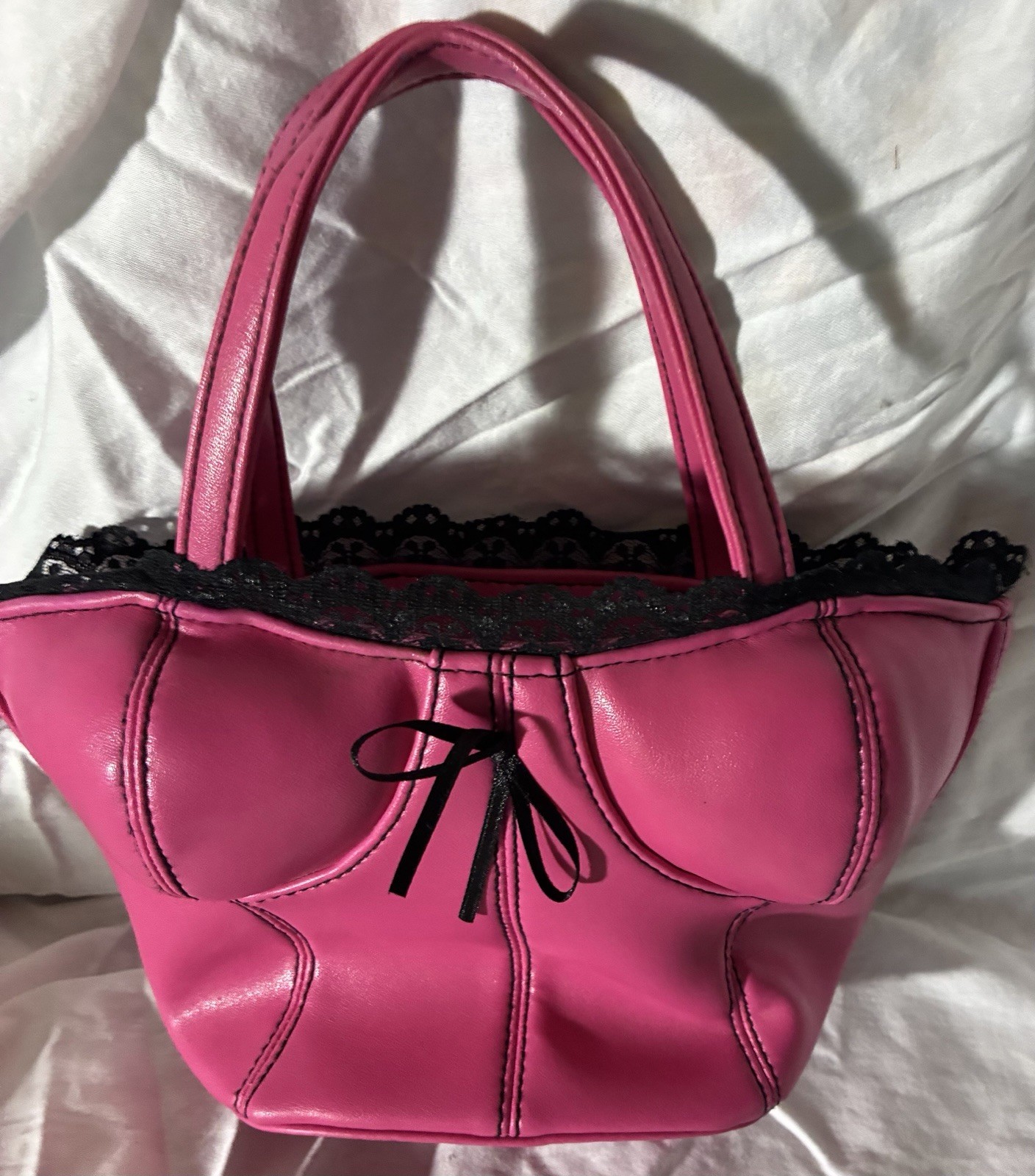 Vintage Y2K Hot Pink Faux Leather Corset Handbag Black Lace