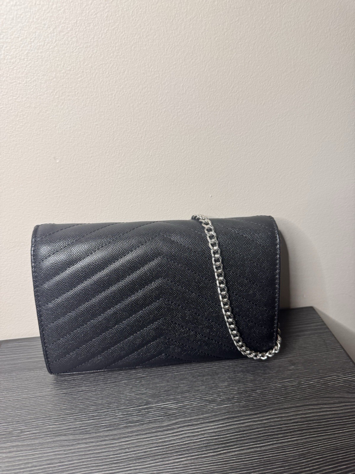 Saint Laurent Women’s Black Quilted Chevron Wallet on Chain w/ Silver Hardware