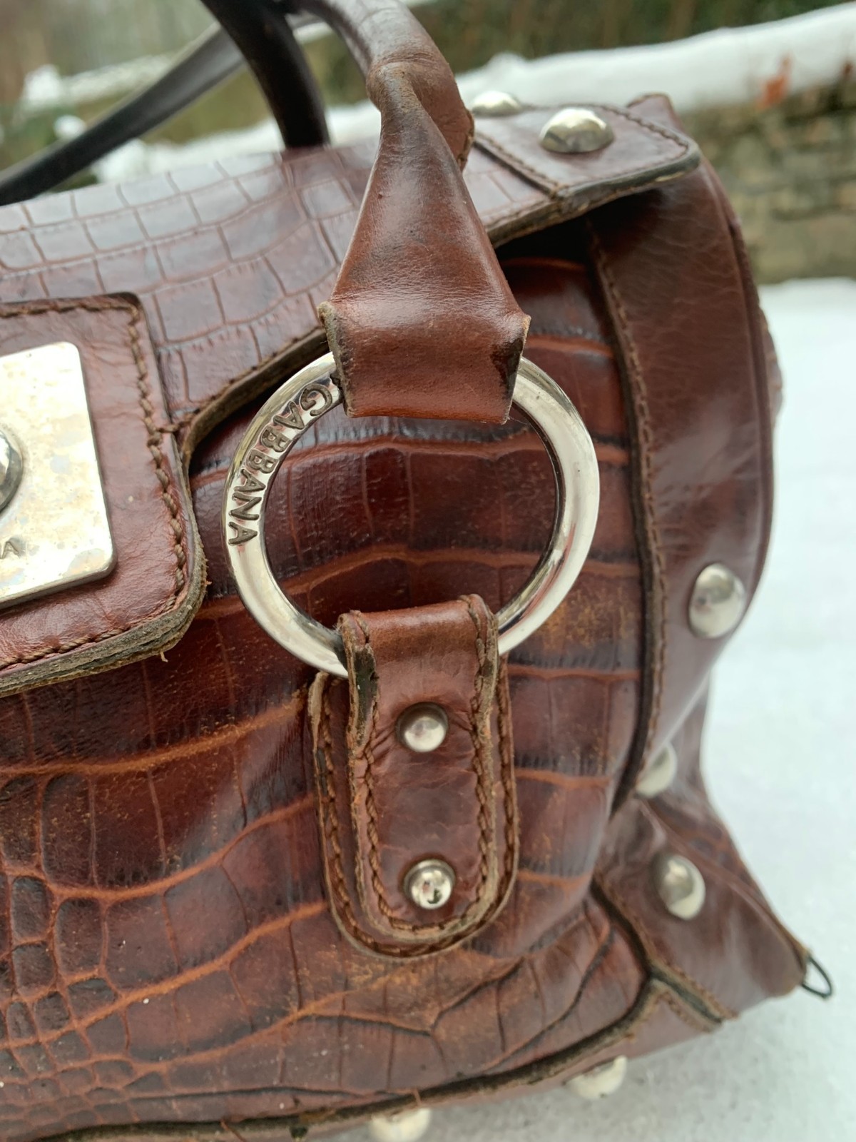 Vintage Dolce & Gabbana Brown Croc Leather Satchel Bag Studded AS IS Repair