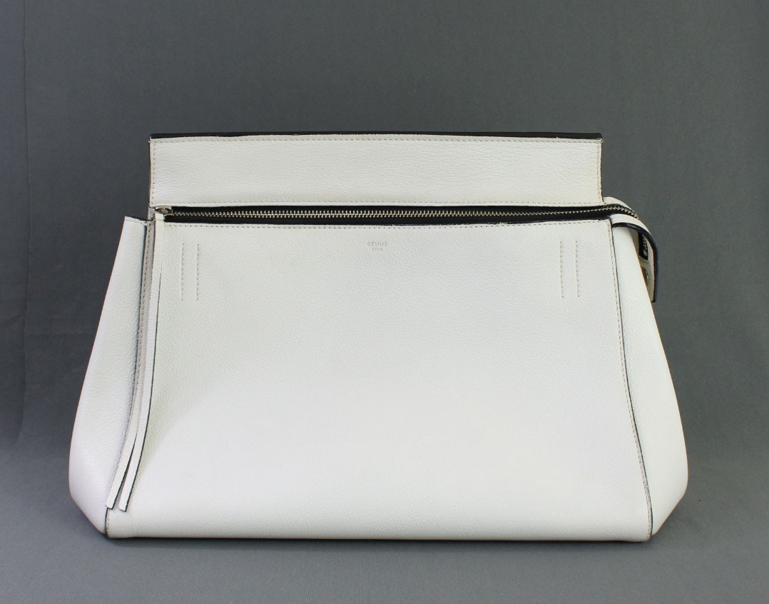 Celine Auth White Pebbled Leather Edge Handbag Shoulder Bag