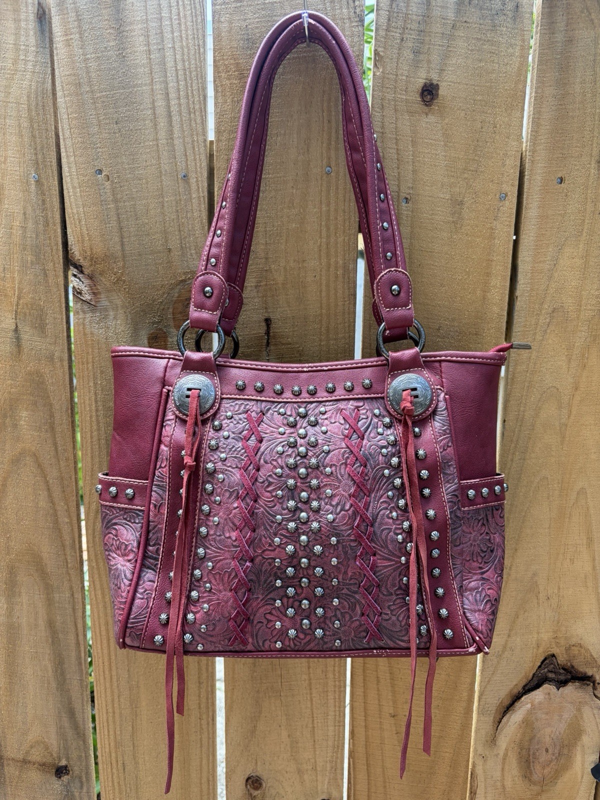 American Bling Western Studded Embossed Shoulder Tote Bag Burgundy Y2K Boho