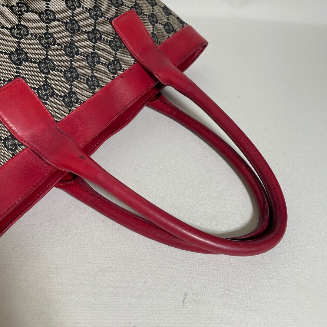 Gucci GG Canvas Red Leather Handbag Double Handle 12.2in 18.5in Auth