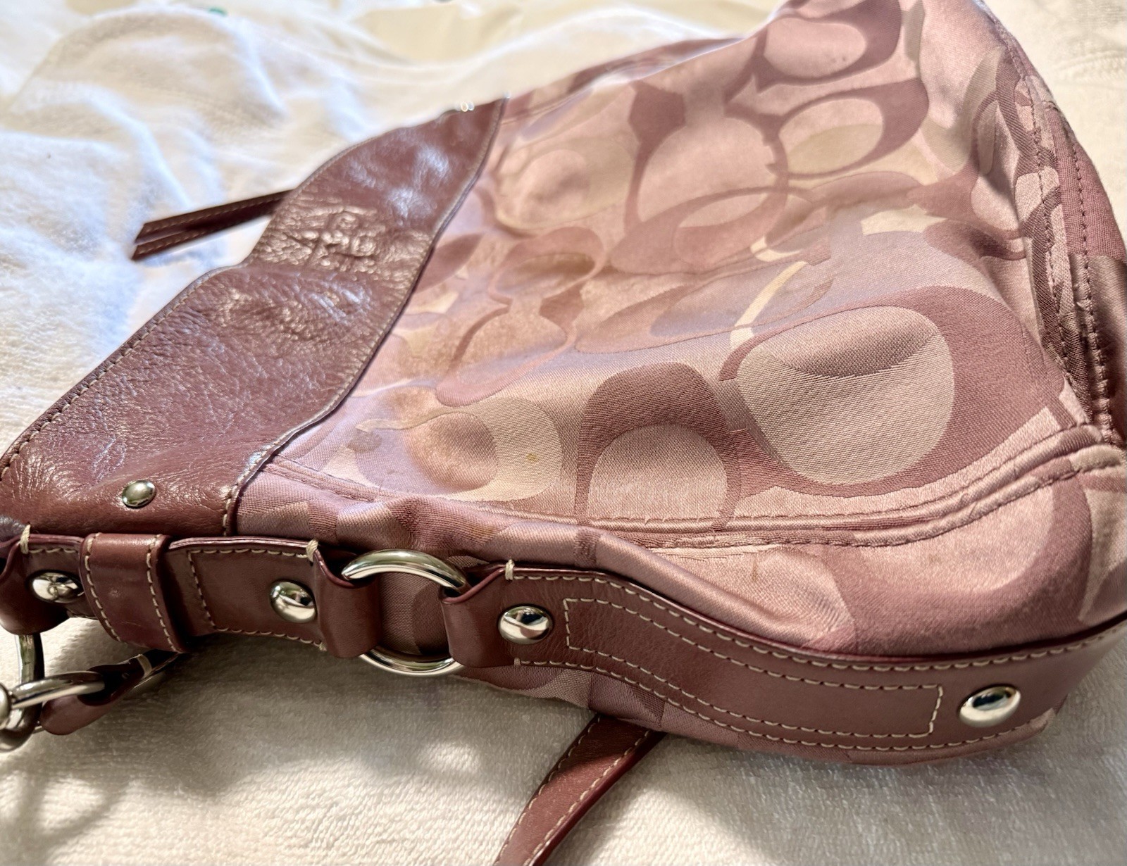 Coach Pink Signature Logo Shoulder Bag Zip Top Detachable Strap Silver