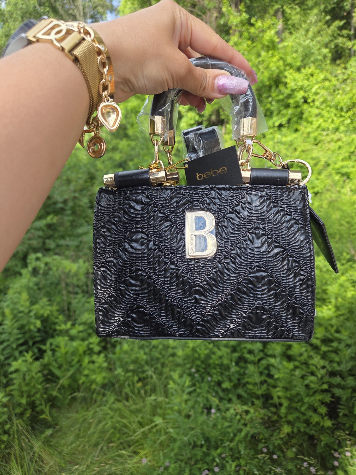 Mini Black Satchel Top Handle Textured Gold Hardware Purse w/ Cardholder
