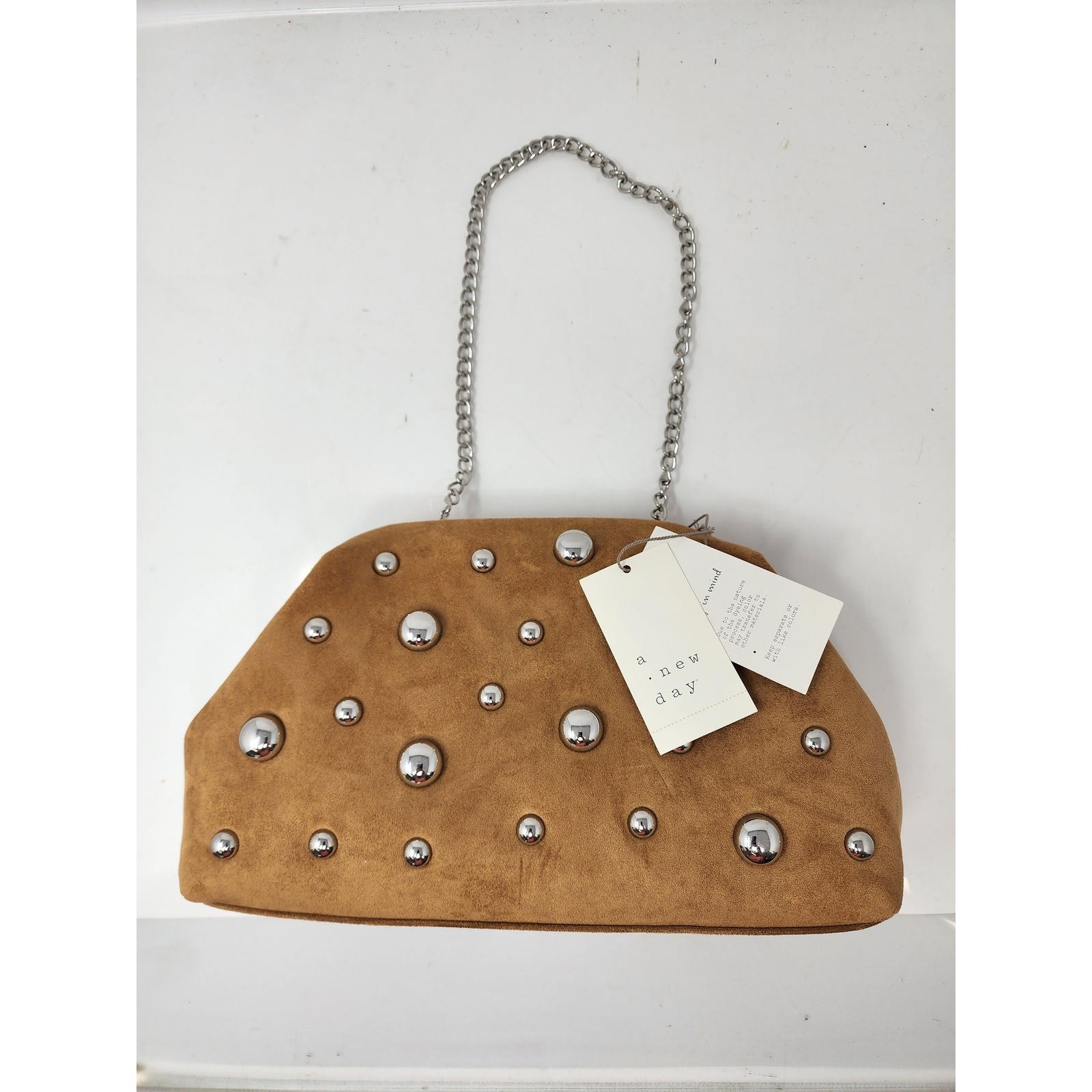 A New Day Brown Faux Suede Studded Clutch Bag with Detachable Chain Strap NEW