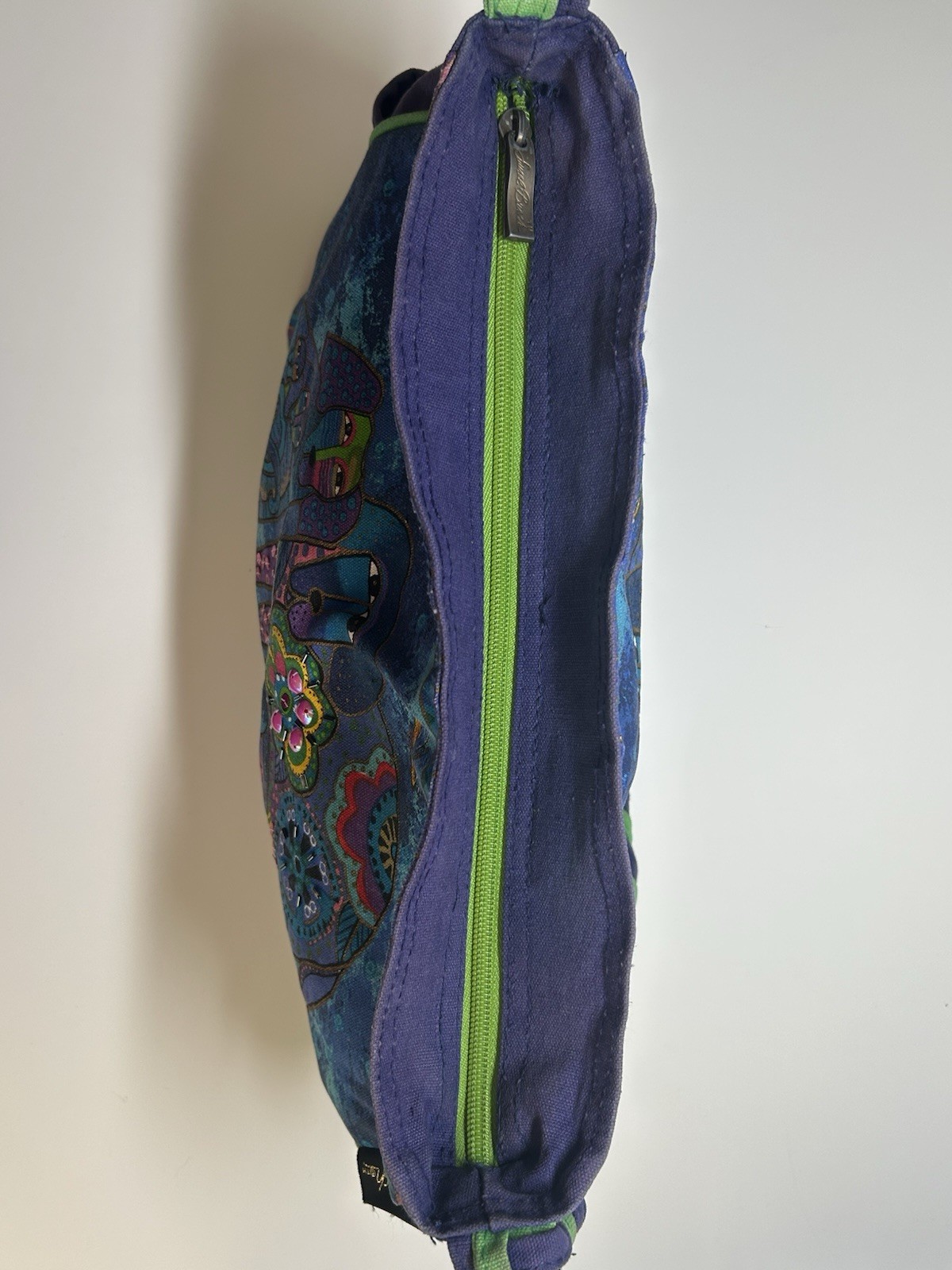 Laurel Burch Canvas Purse Tote Blue With Abstract Dogs Colorful Sequin Bag Charm