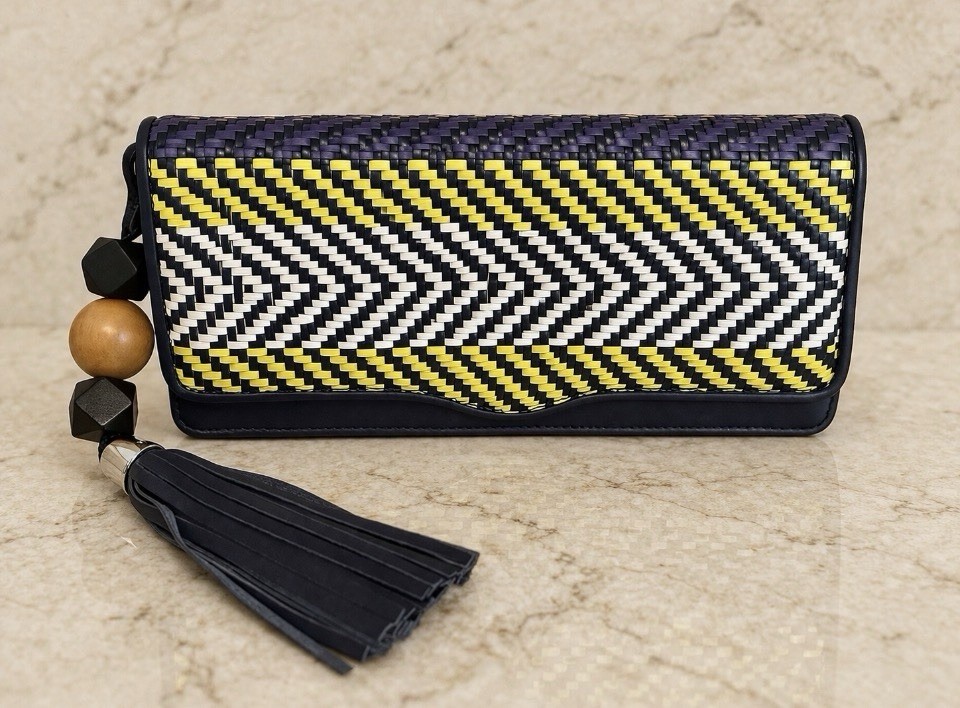 NEW Rebecca Minkoff Woven Leather Clutch Wallet Blue Yellow Purple Tassel 10.5”