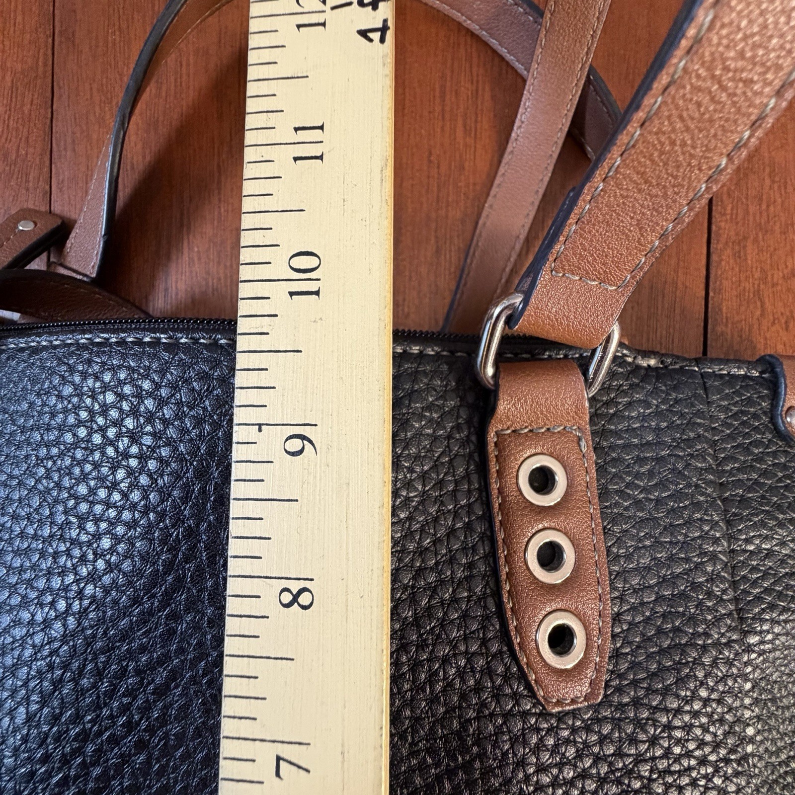 Chaps Women’s Black Pebbled Tote Bag with Brown Trim Shoulder Minimalist Chic