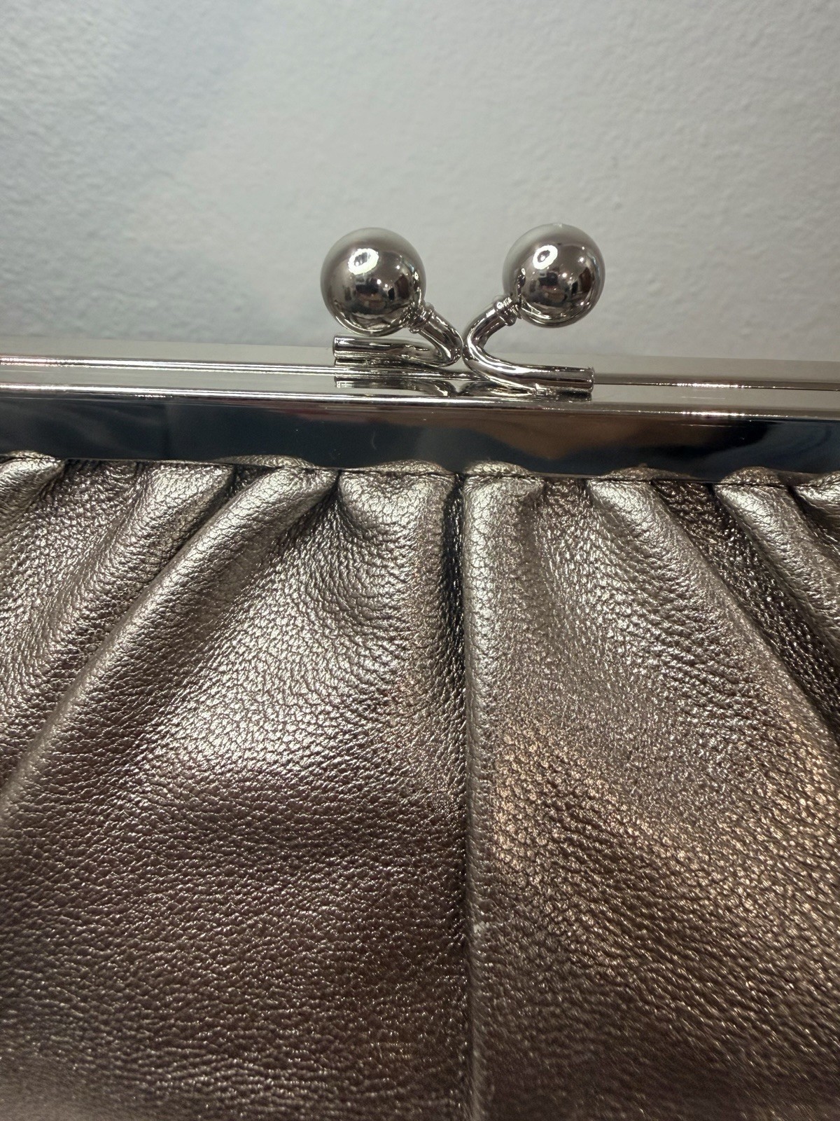 Express Metallic Silver Kiss Lock Pleated Clutch, Lined w/ Inner Pockets