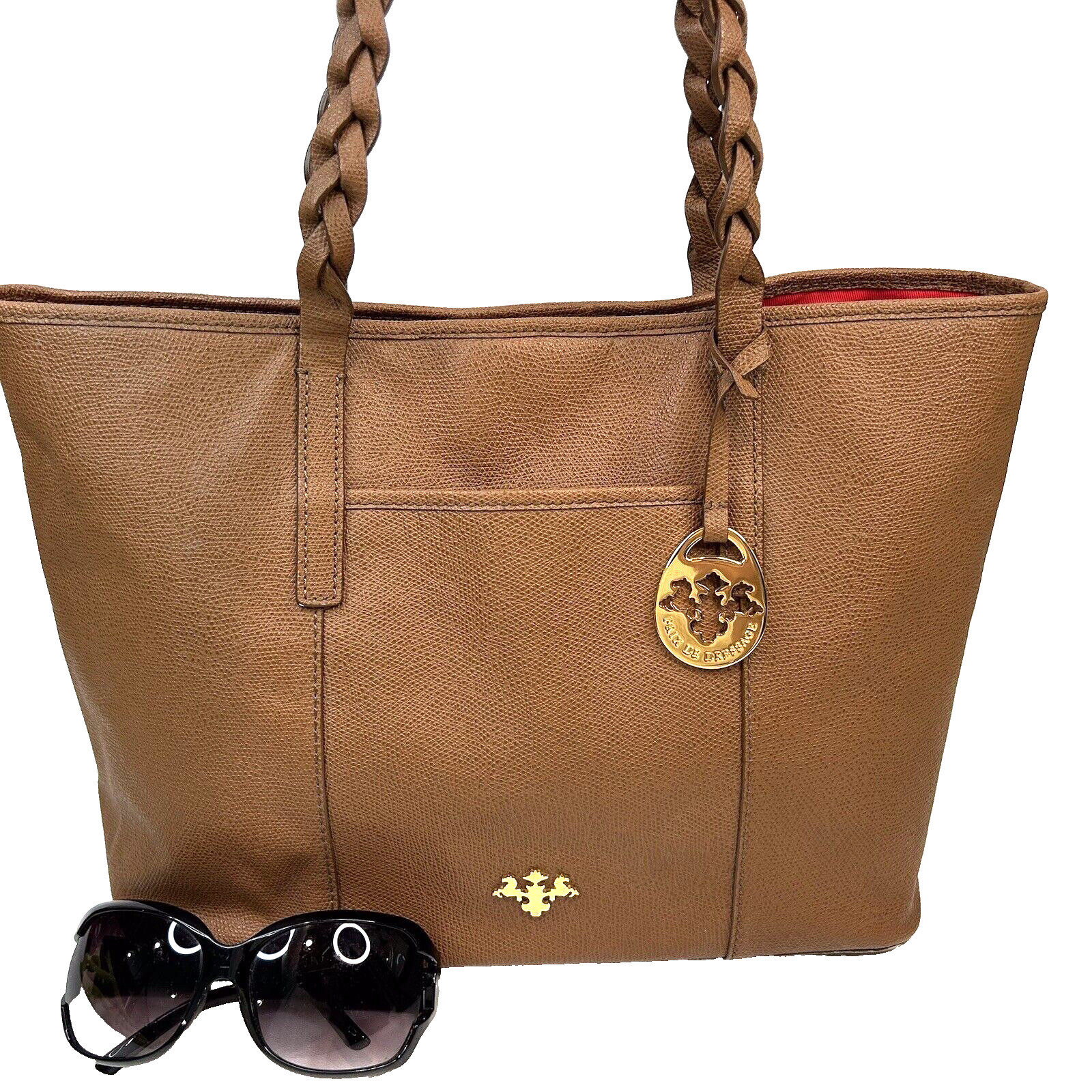 ~PRIX De DRESSAGE Purse Large Leather Carry All Bag Tawny Brown/Red Interior