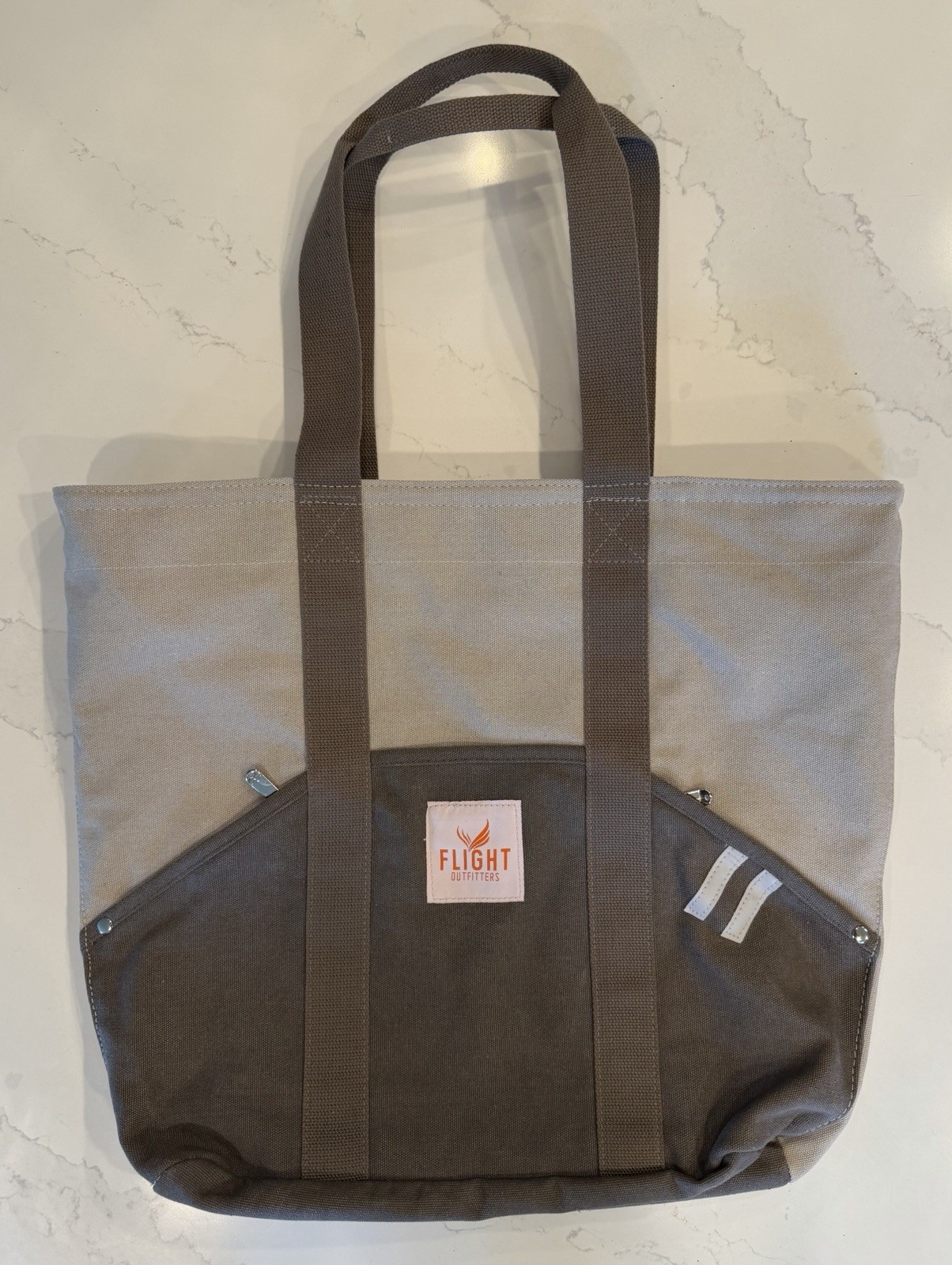 FLIGHT Outfitters Zip Top Tote Bag Gray/Beige Outer & Inner Pockets-4 zip pocket