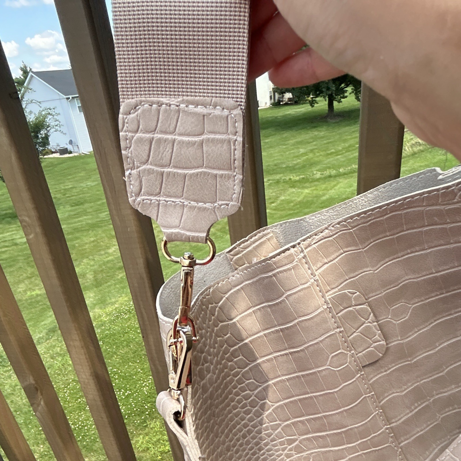 Gallantry Beige Croc Embossed Small Crossbody Bag Zip/Magnetic Gold Hardware