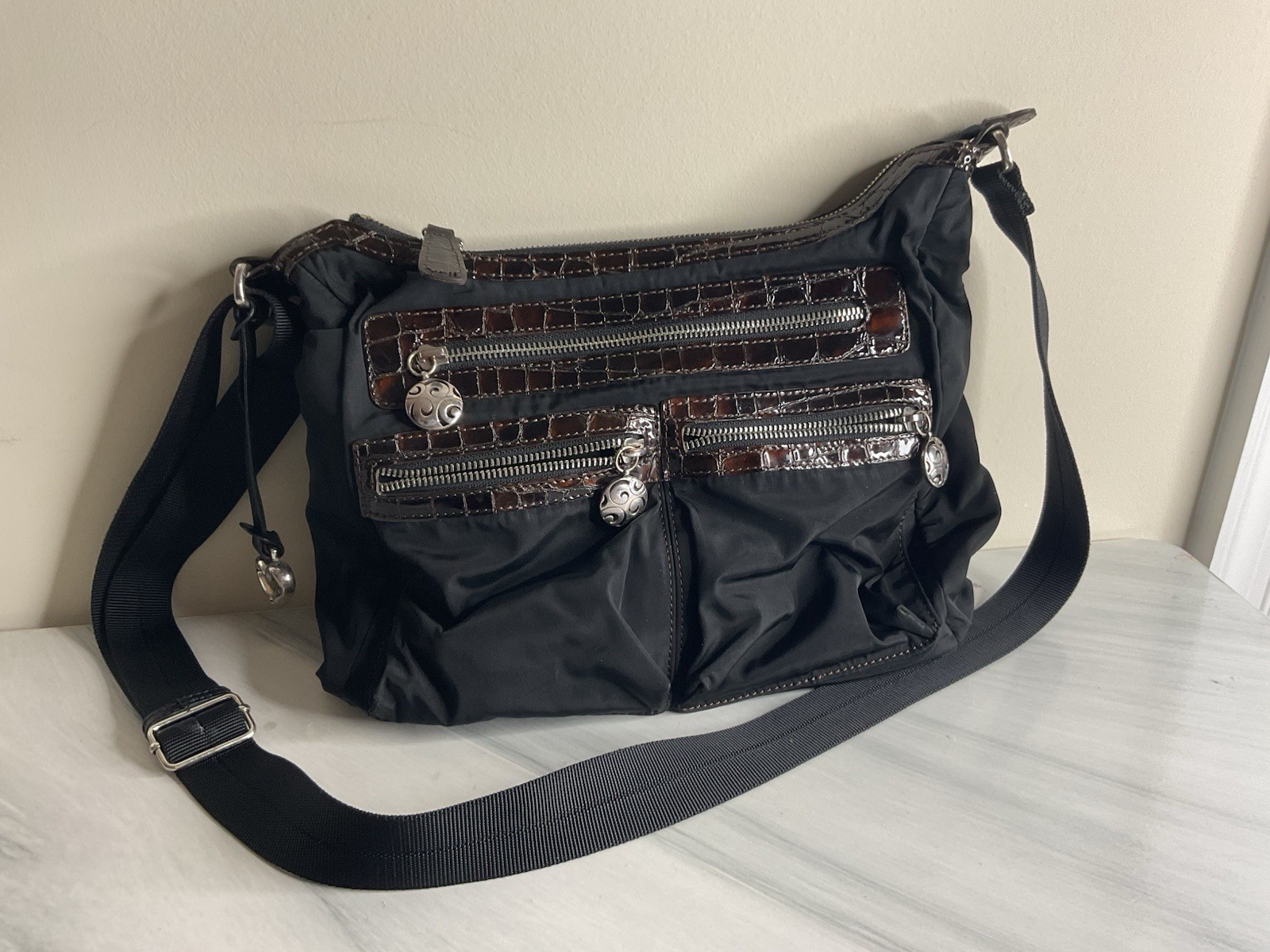 Brighton Black Crossbody Bag w/ Adjustable Strap, Zip, Pockets
