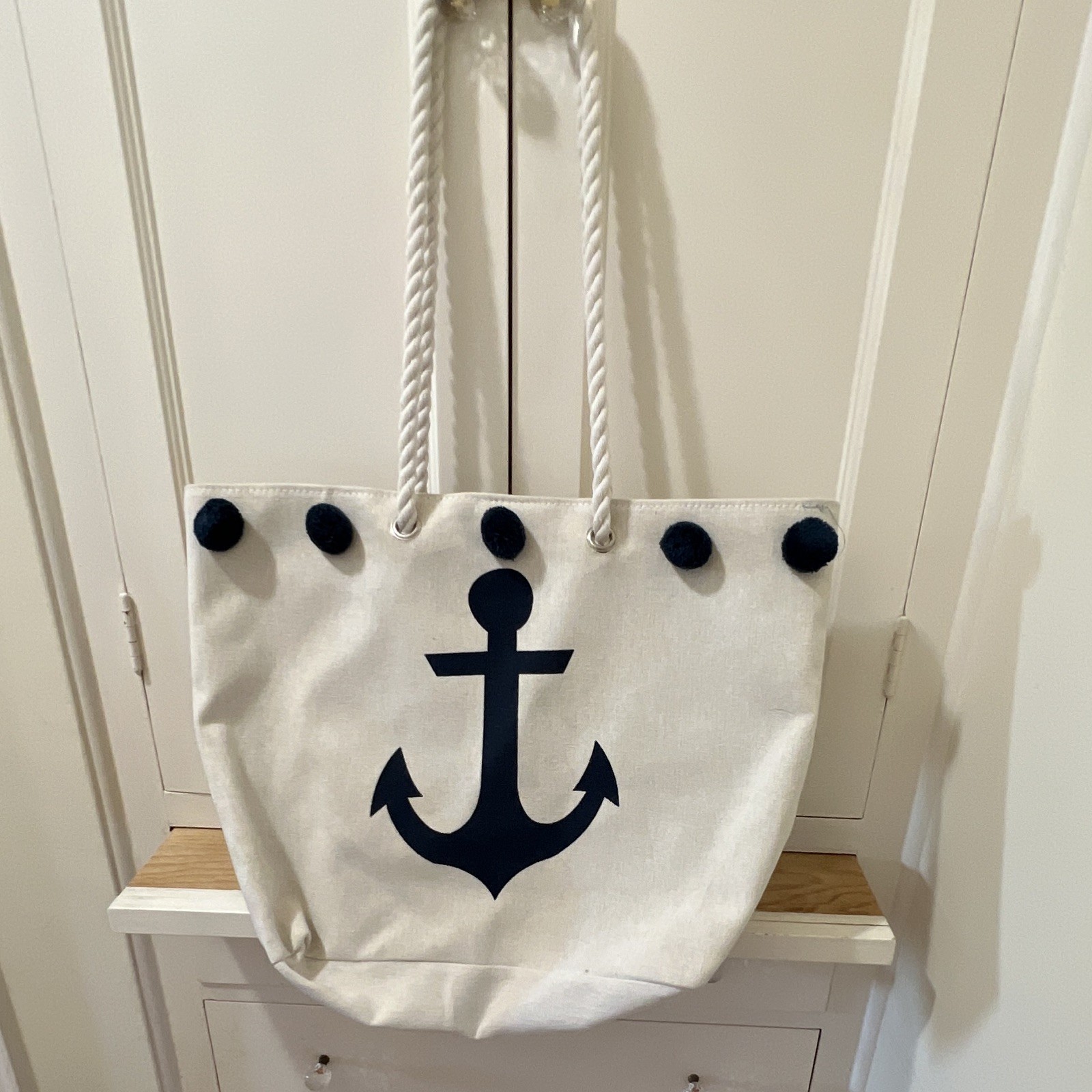 White Nautical Anchor Tote Bag w/ Rope Shoulder Straps, Snap, Lined Blue