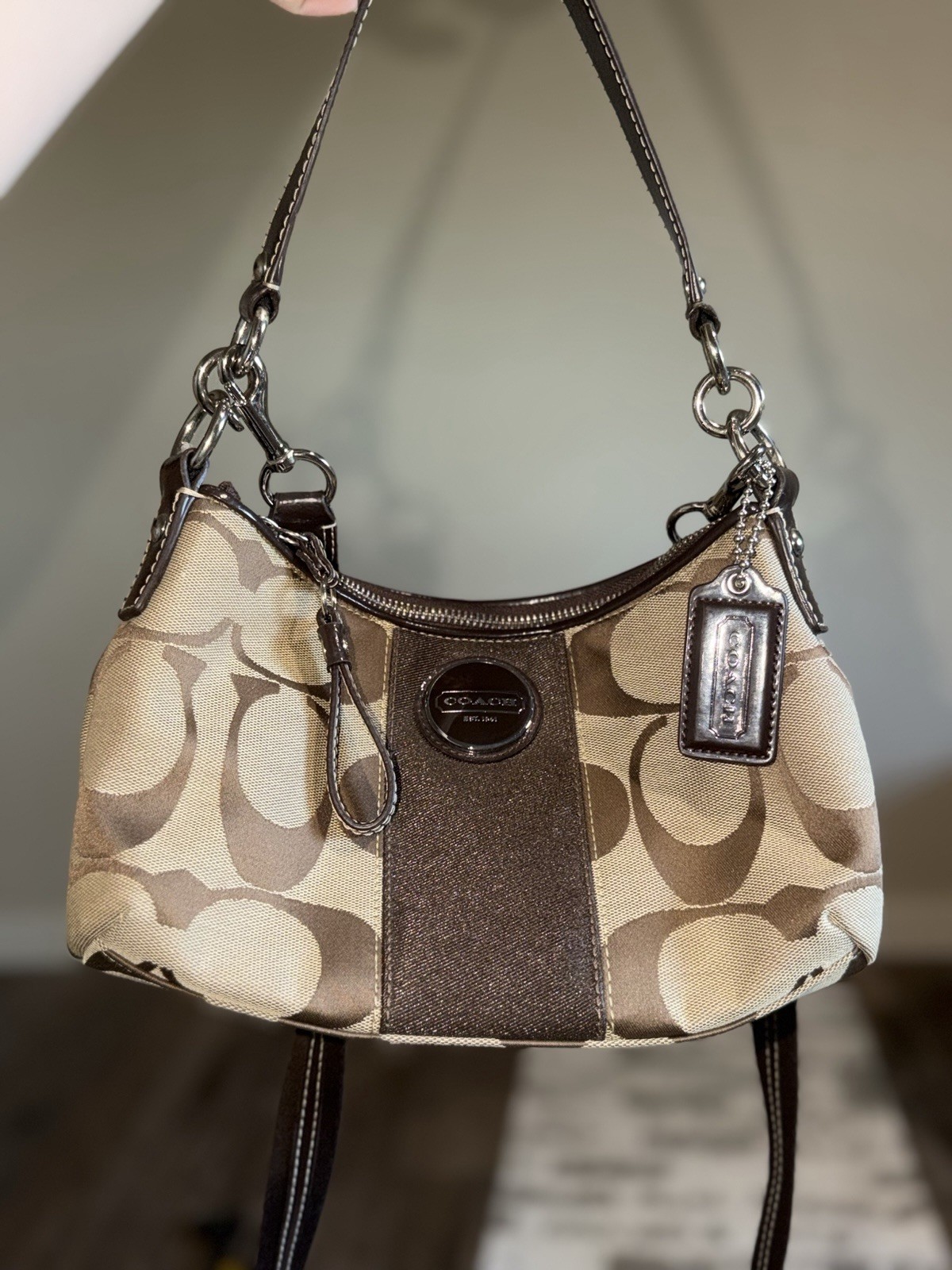 Vintage Coach Signature Stripe Demi Crossbody (Style F17439) In Khaki/Mahogany.