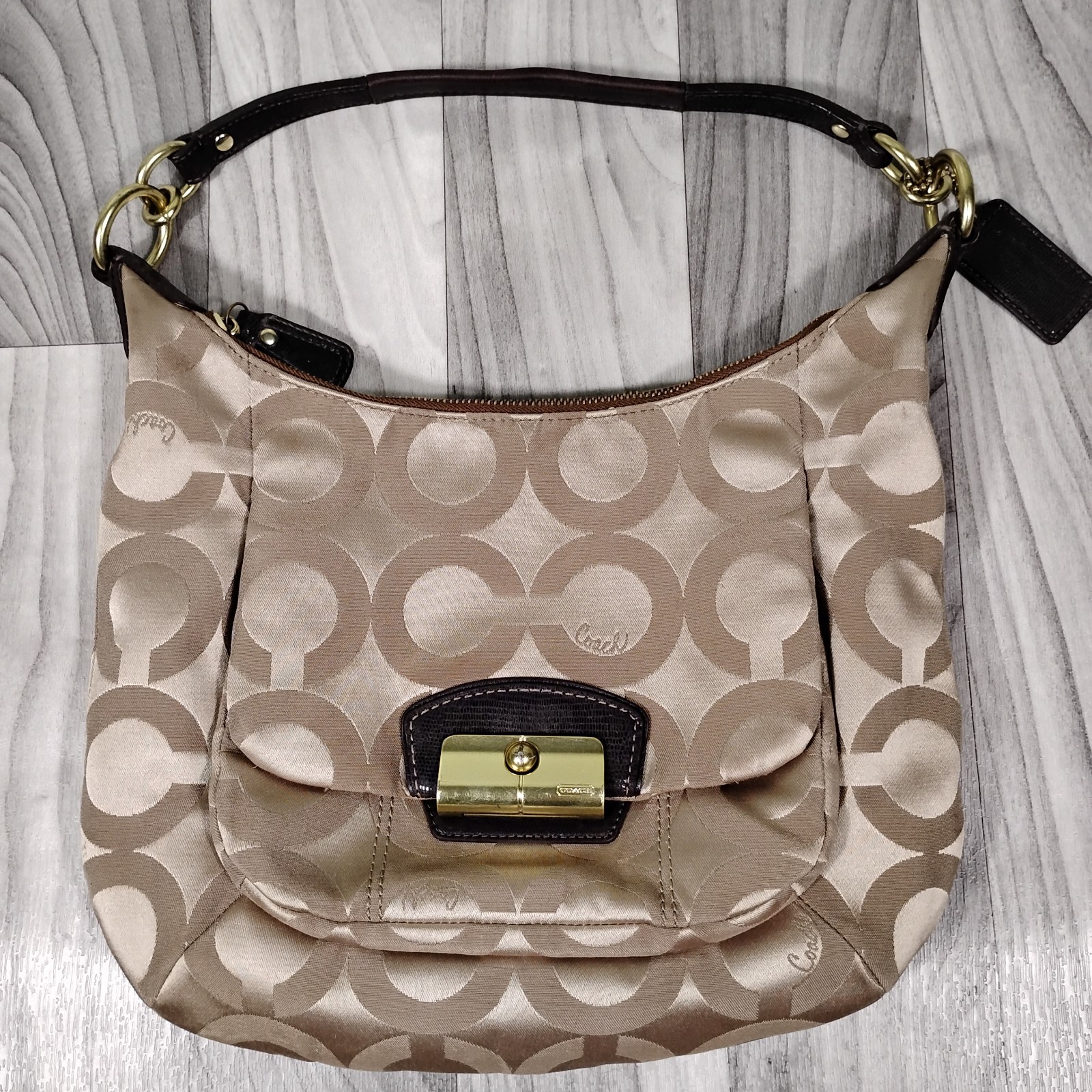 Coach Kristin Op Art Sateen Hobo Bag 19331 Khaki Mahogany Signature Shoulder