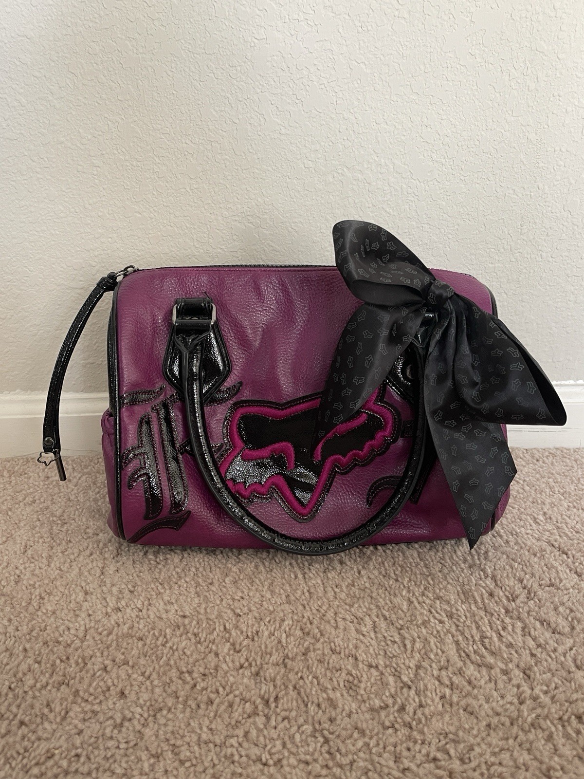 Fox Racing Y2K 90 Purple/Black Top Handle Purse, Lined, Pockets, Charm, Bow