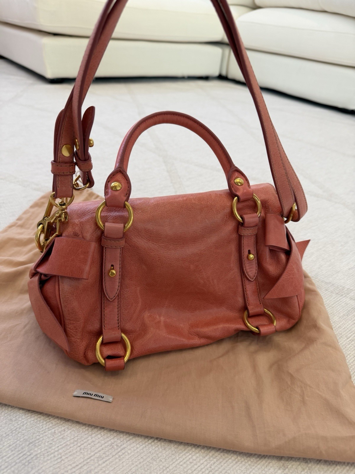 Miu Miu Pink Satchel Top Handle Zip Closure Bow Gold Hardware Strap Dust Bag