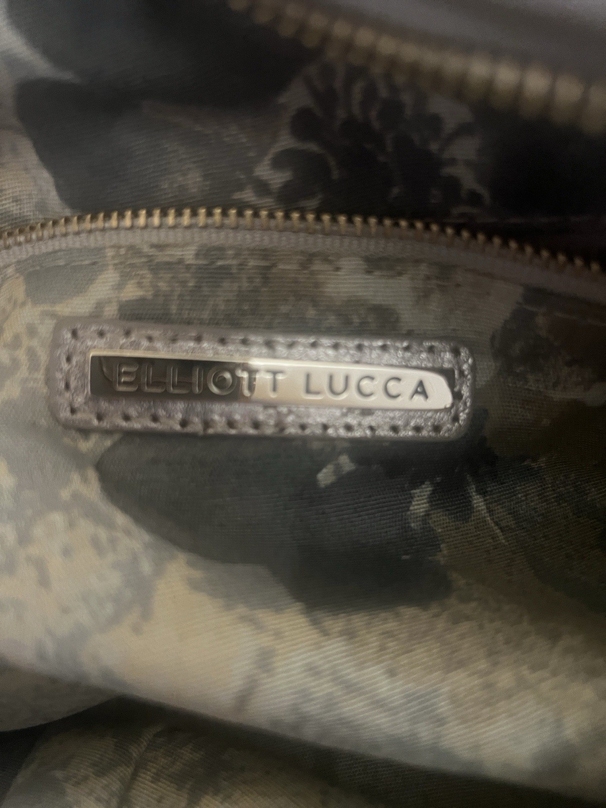 Elliott Lucca Metallic Silver Shoulder Bag Floral Applique Zip Pockets Gold