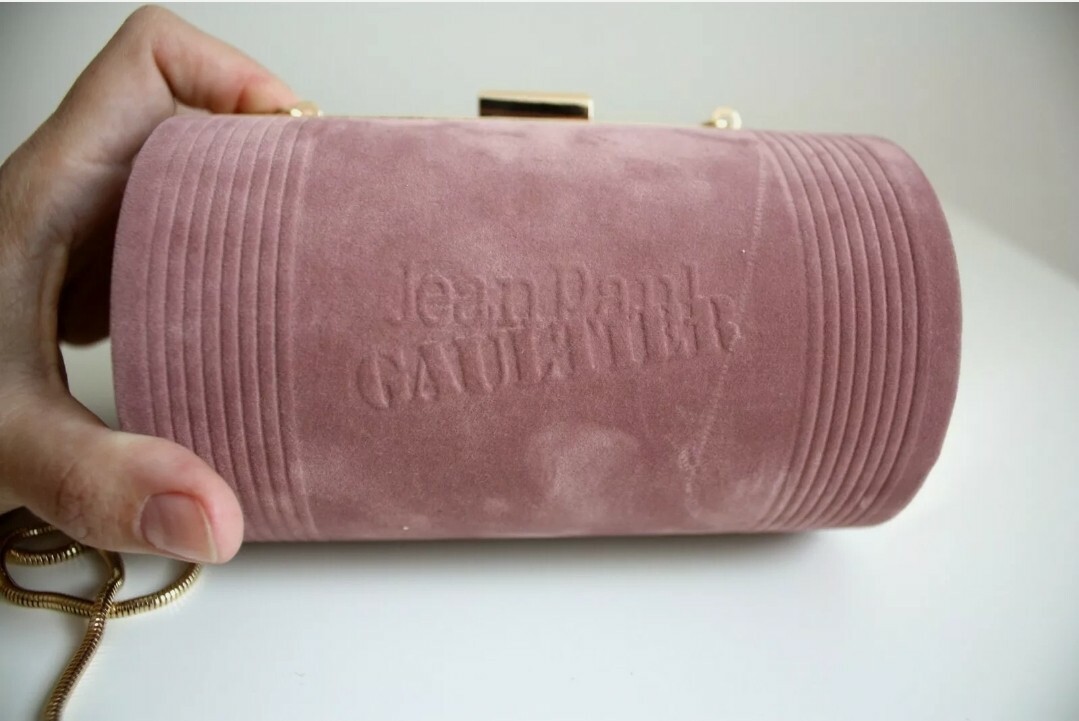 Jean Paul Gaultier Velvet Clutch Bag Pink Blush Gold Chain