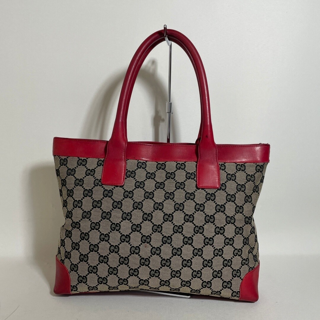 Gucci GG Canvas Red Leather Handbag Double Handle 12.2in 18.5in Auth