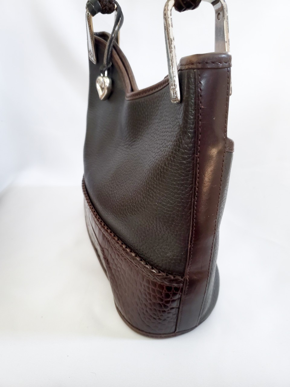 Brighton Collection Black Brown Leather Moc Croc Shoulder Bag Purse Woven Strap