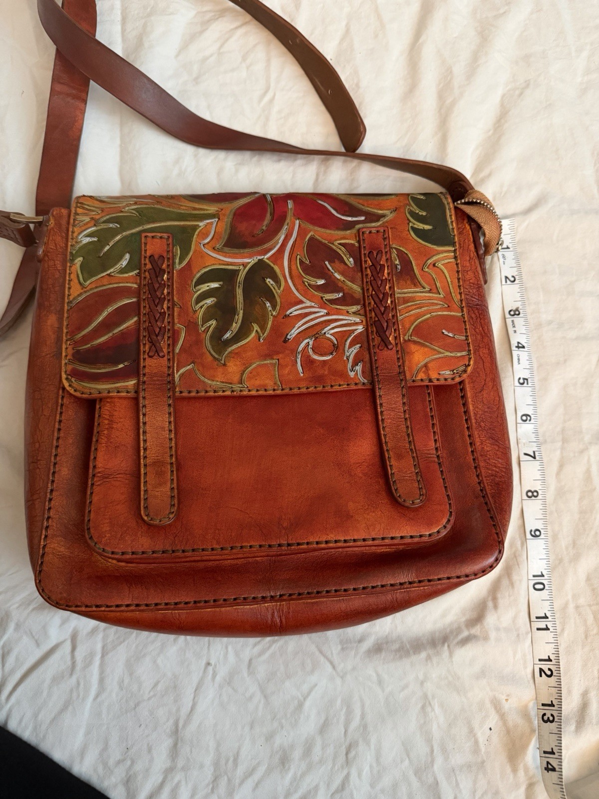 Handmade in Egypt Leather Messanger Bag With Floral Pattern Hand Painted New