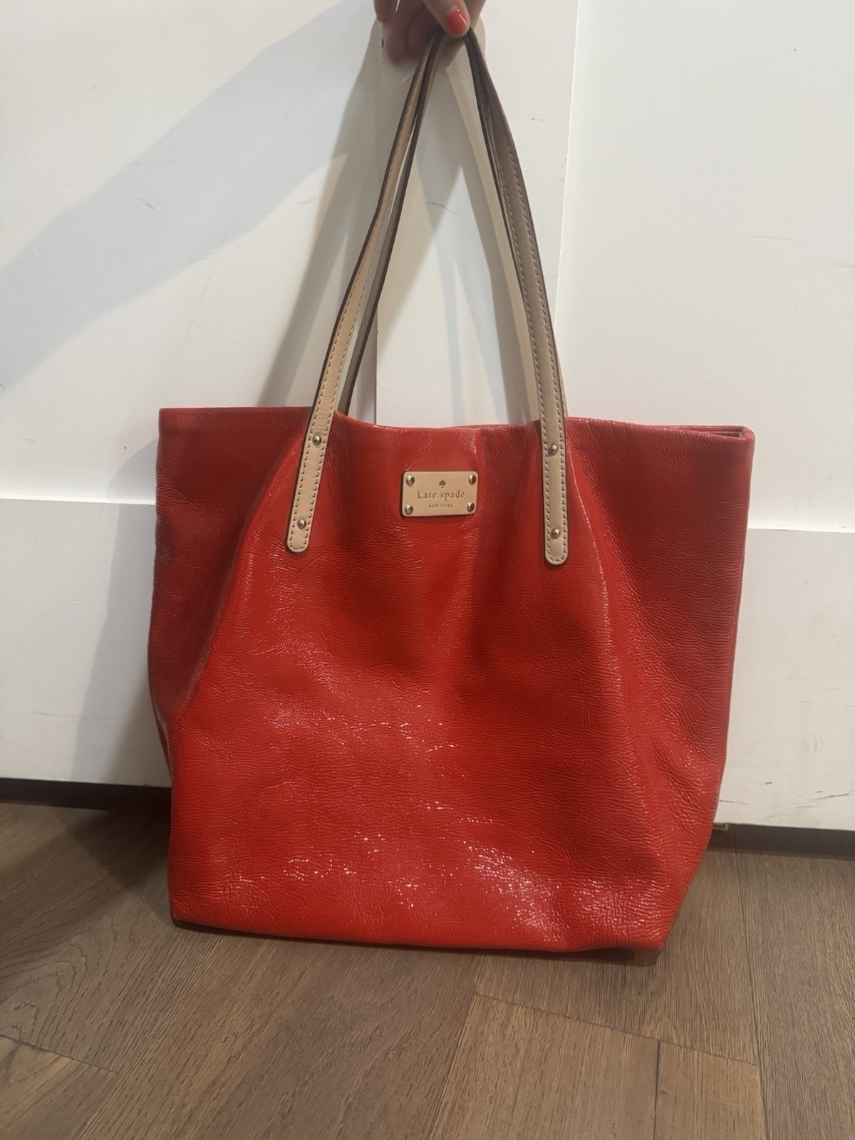 kate spade new york Red Tote Bag Beige Straps, Polka Dot Lined, Gold Hardware