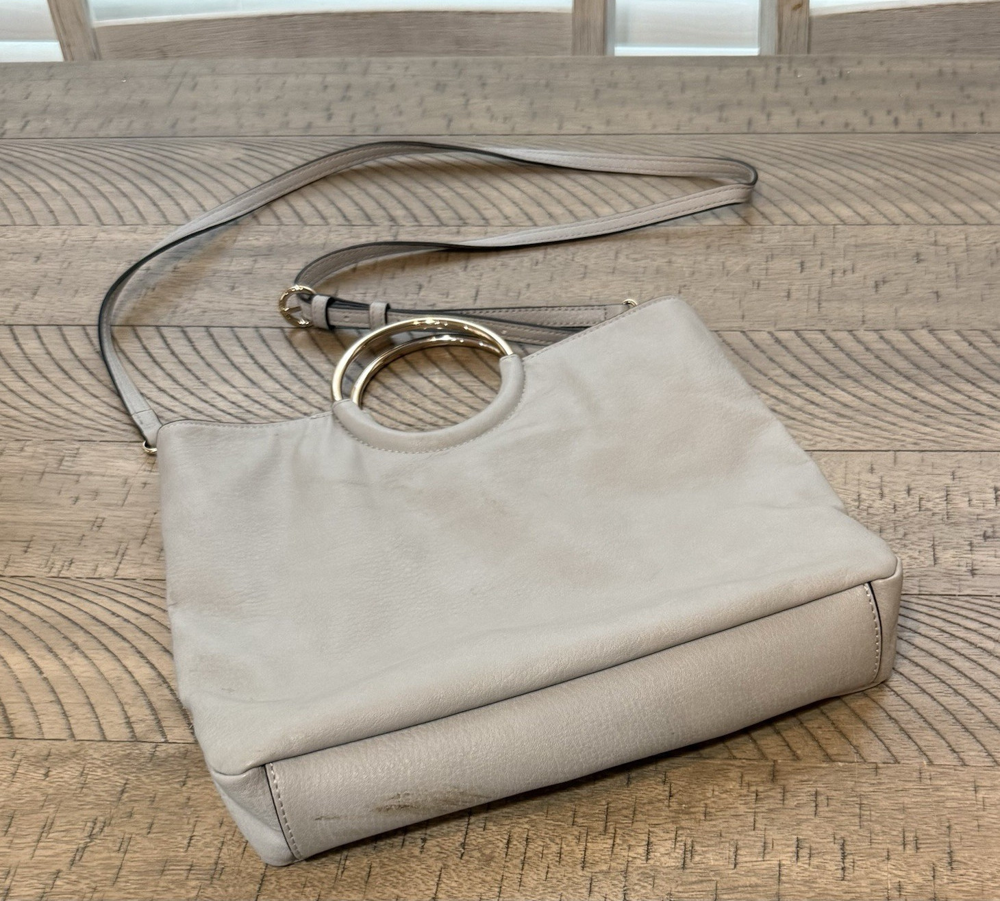 LC Lauren Conrad Beige Solid Crossbody Bag Zip Gold Hardware Ring Detach Strap