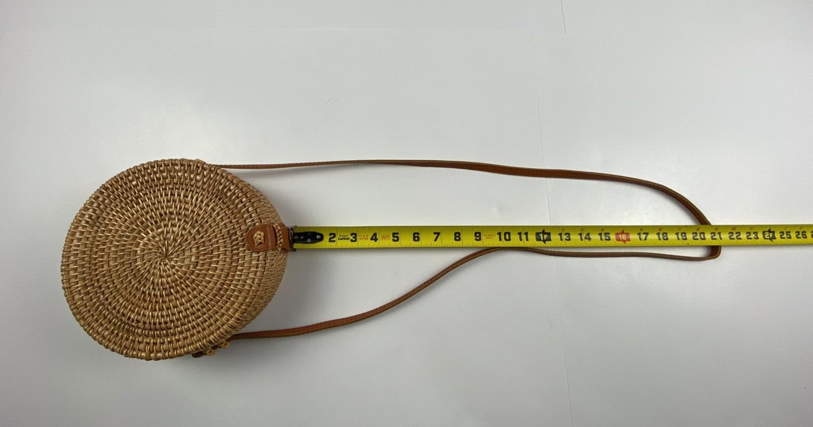 Wicker Flat Round Purse Crossover With Leather Shoulder Strap Palm Tree Lining