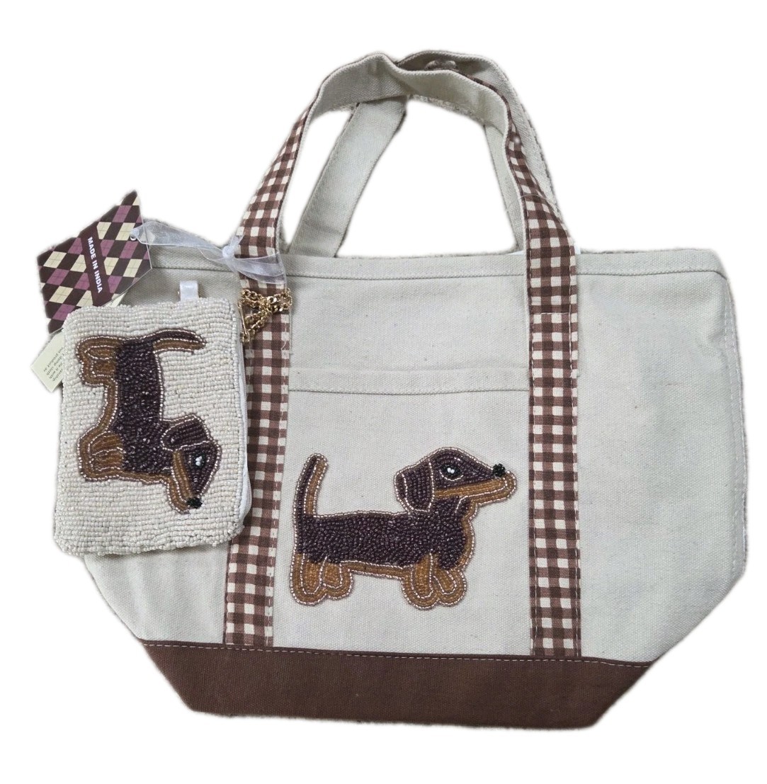 Beige/Brown Gingham with Beaded Dachshund Tote