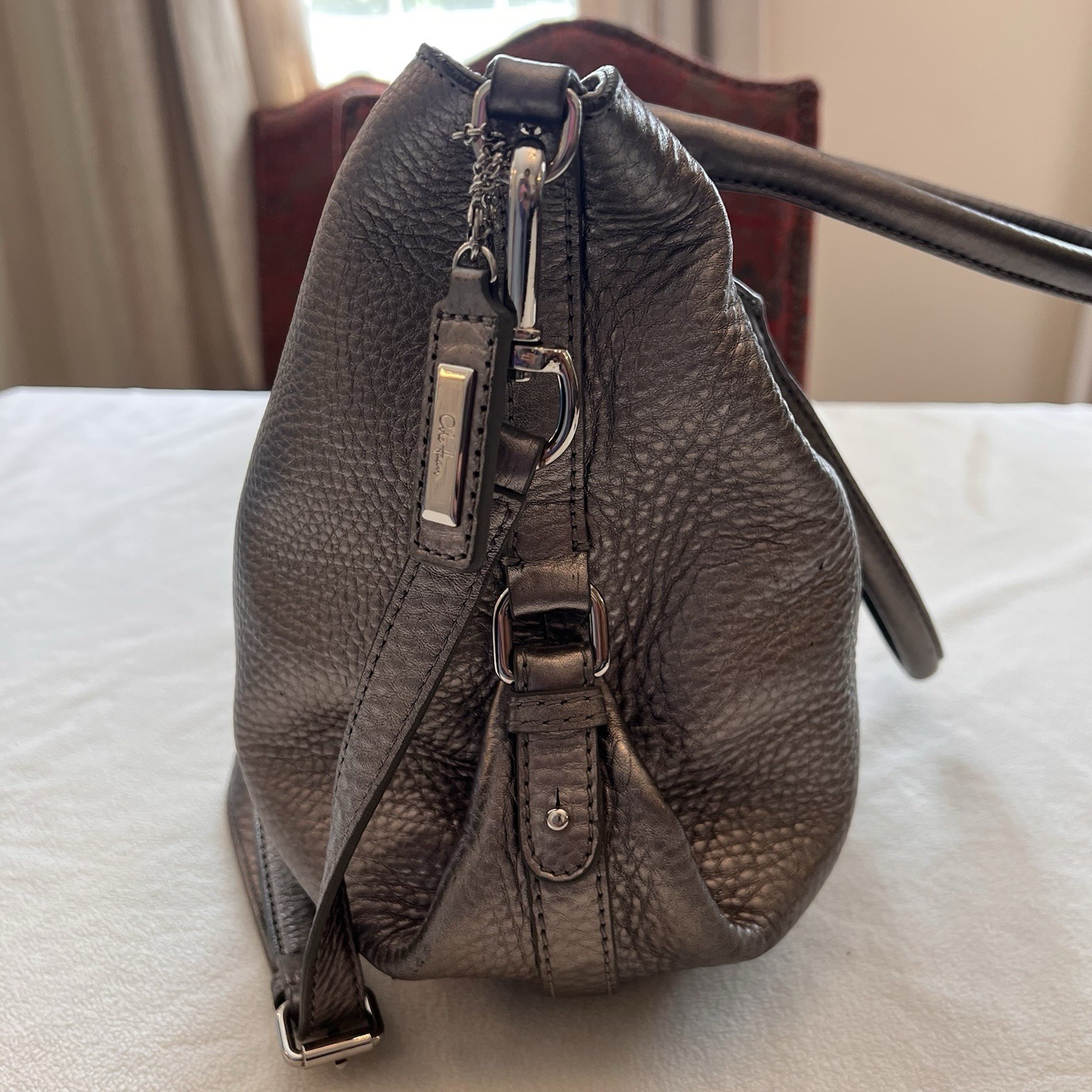 Cole Haan Platinum Silver Metallic Pewter Leather Handbag Hobo Tote Purse