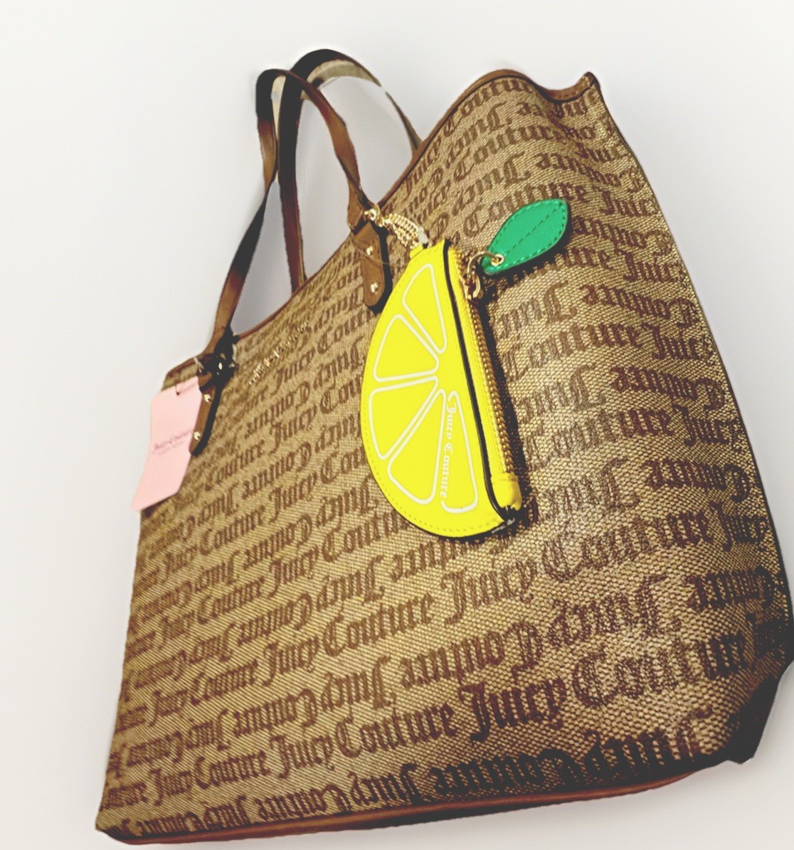 Juicy Couture Brown Logo Tote Bag Lemon Charm Gold Hardware Double Handles
