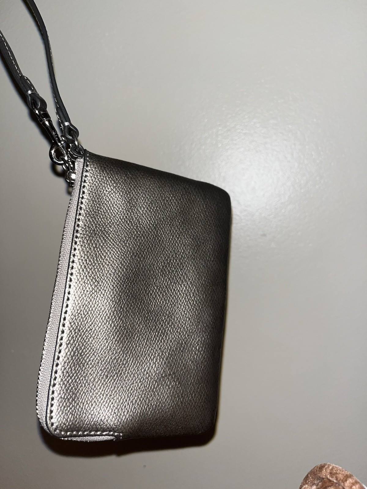 Coach Bow Turnlock Wristlet Clutch Metallic Silver Gray Leather Purse