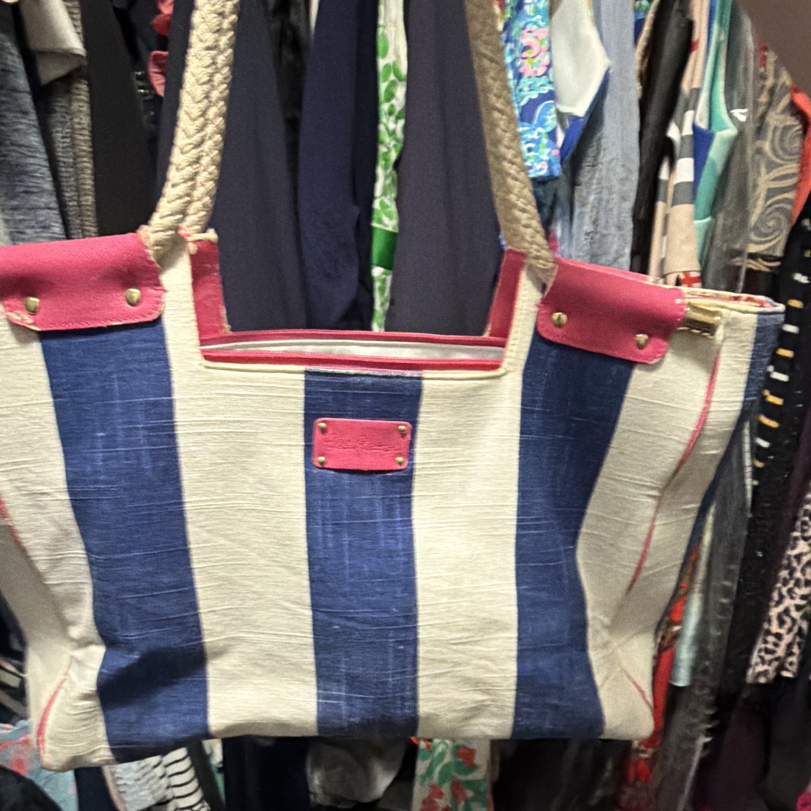 Lilly Pulitzer Striped Tote Blue/White/Pink Zip Lined Rope Handles Gold