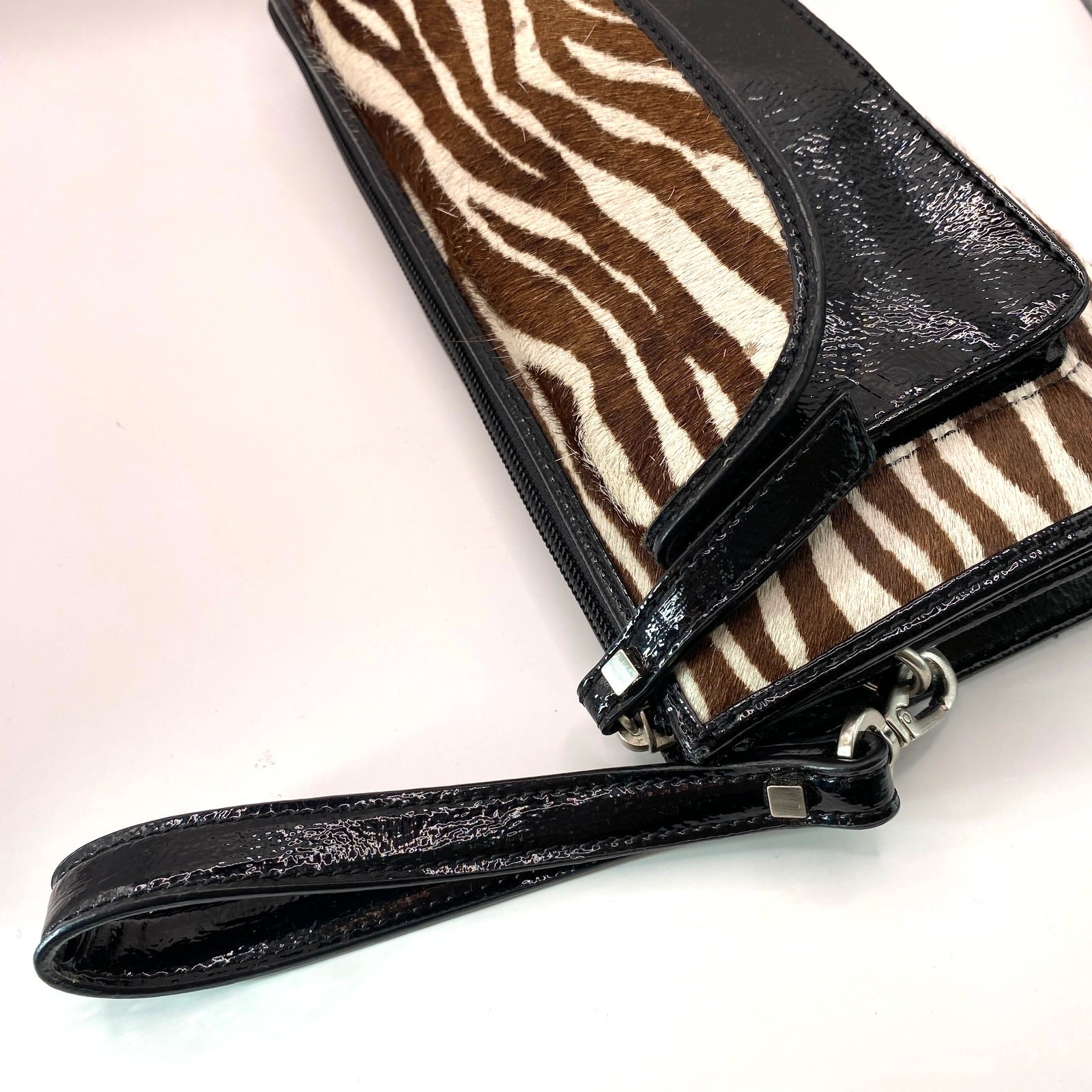 Vintage Talbots Zebra Calf Hair Wristlet Clutch Black Brown Leather and PVC Trim