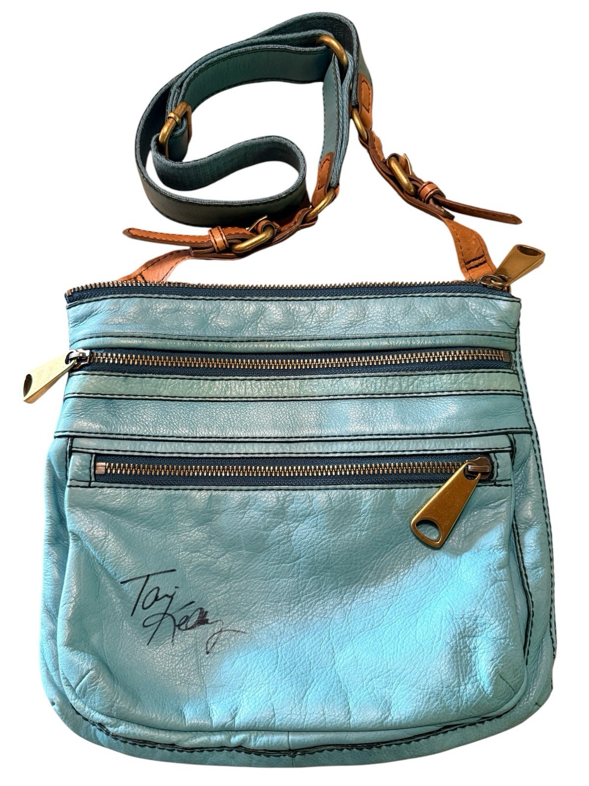 Fossil Leather Crossbody Purse-Teal *Signed By Tori Kelly
