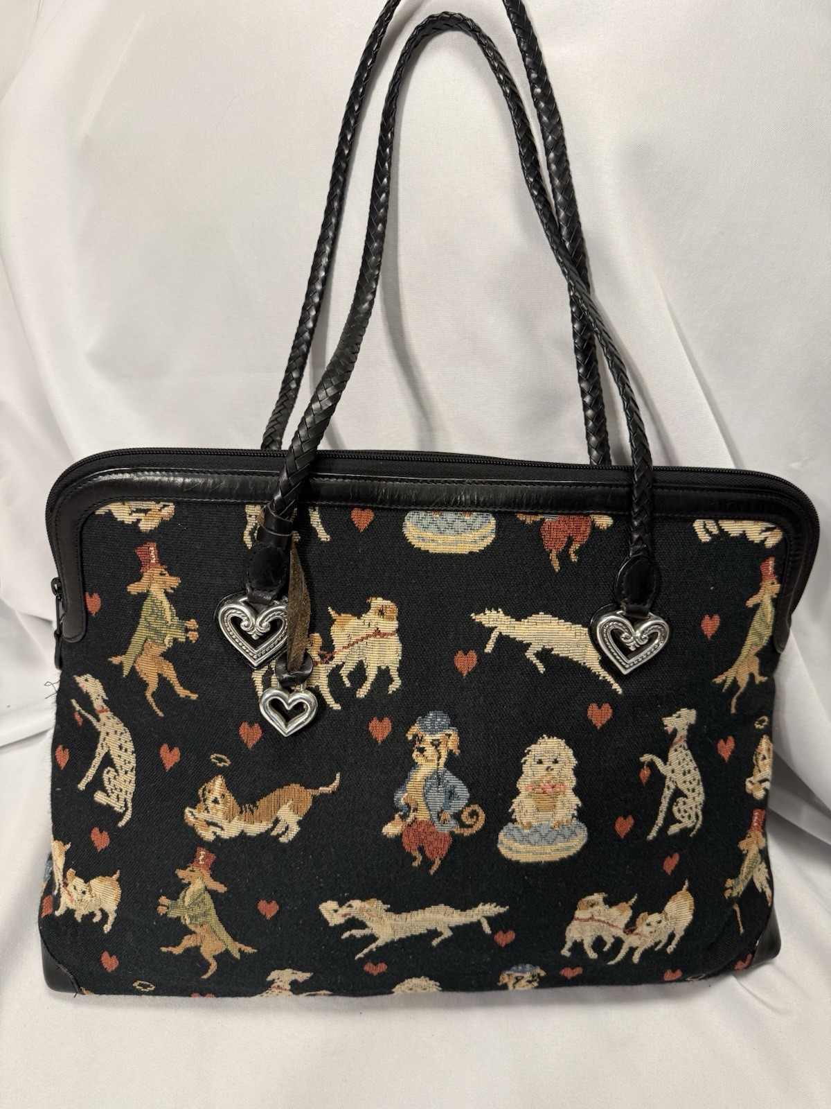 Brighton Collection Dog Tapestry Shoulder Bag Black Leather Trim Heart Charms