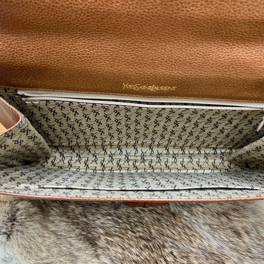 Yves Saint Laurent Brown Leather Clutch Bag Wooden Toggle Men 27.5cm Vintage