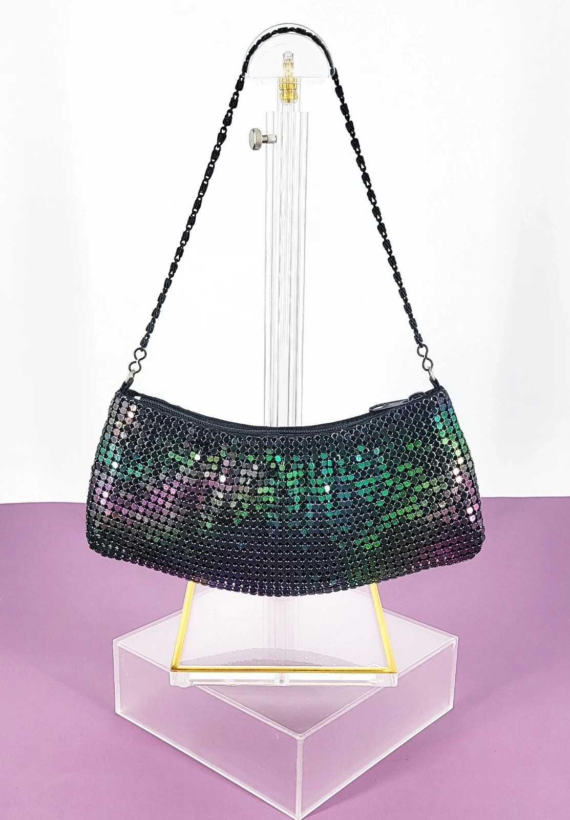 90s Y2K Black Iridescent Chain Mail Mesh Crescent Evening Bag Black Chain Handle