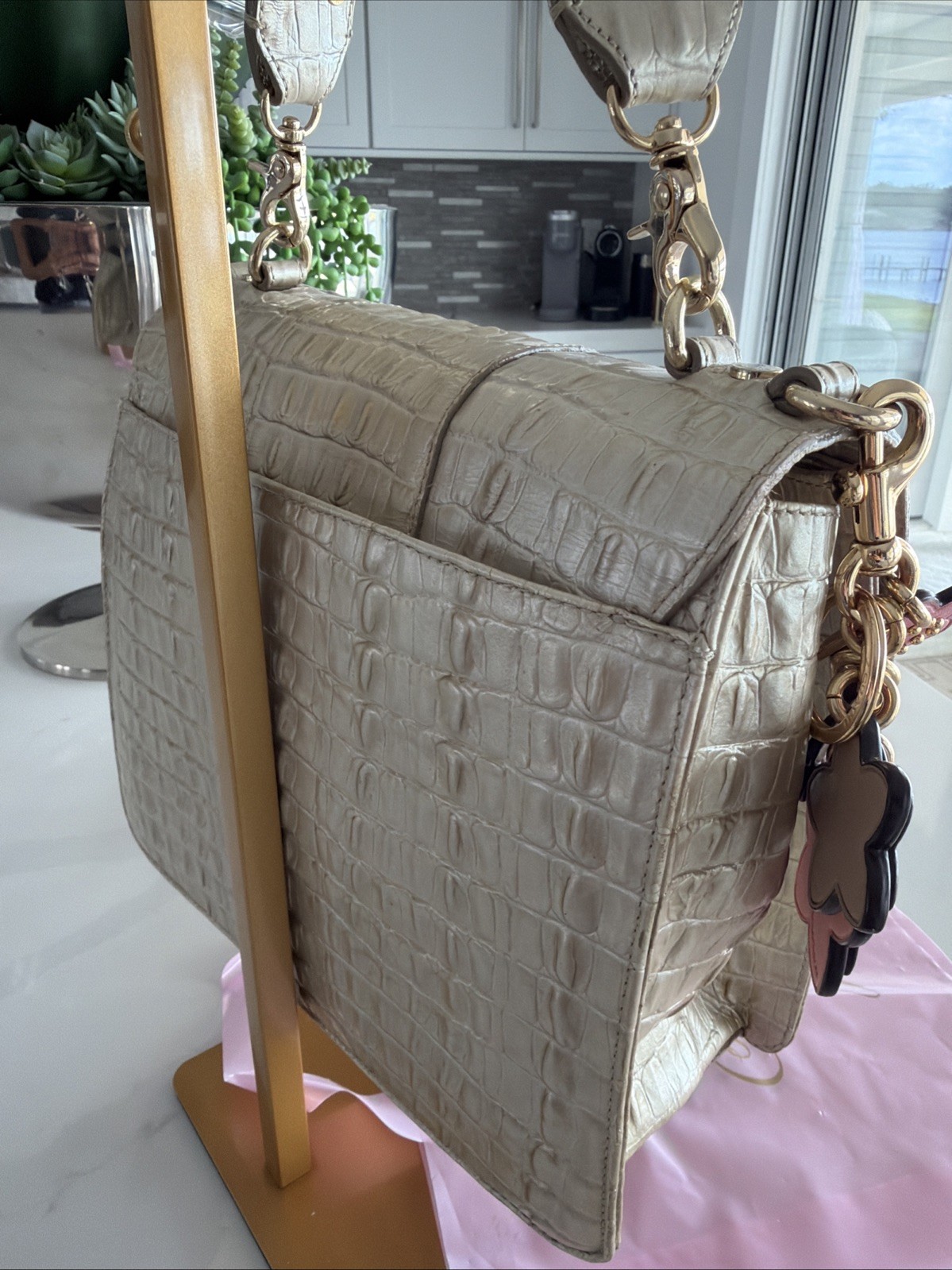 Y2K Vintage Brahmin Push Lock Satchel Metallic Subtle Golden Hue See Description
