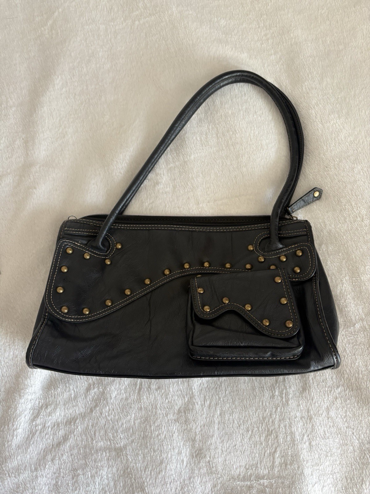 Co Women’s Black Studded Medium Shoulder Bag Zip Closure Gold leather