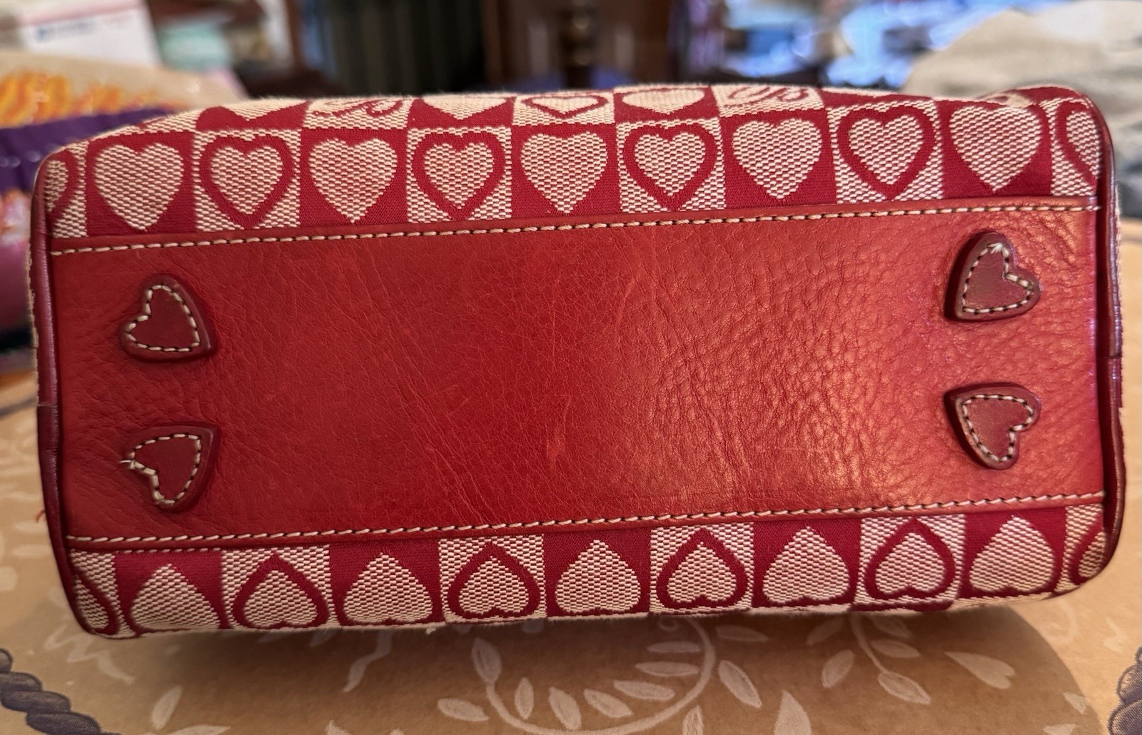 Brighton Red Heart Print Small Satchel Top Handles Zip Bag w/ Charm, Pockets