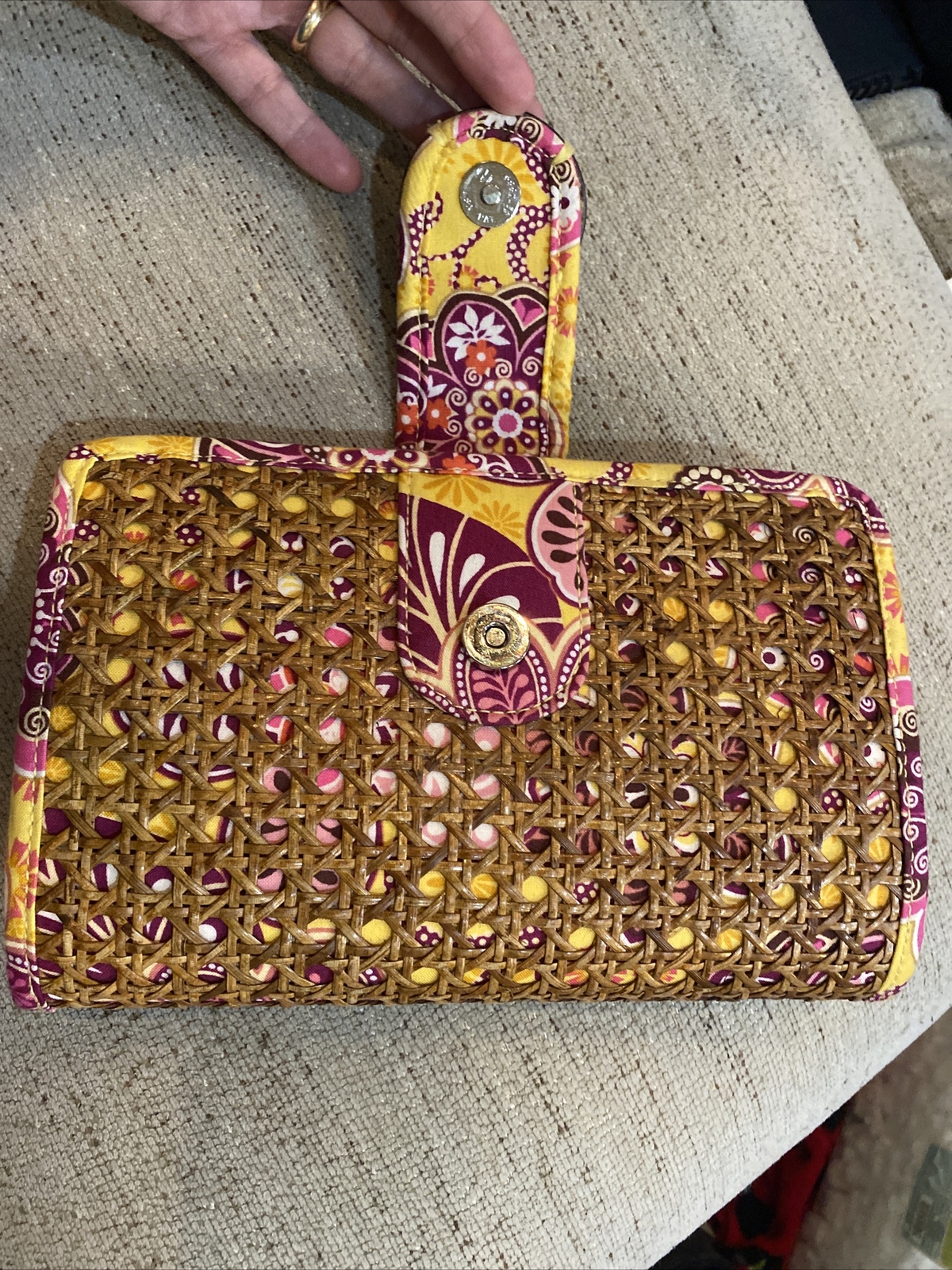 Vera Bradley Tiki Straw Clutch Bali Gold Yellow Purple Brown Wood Wicker