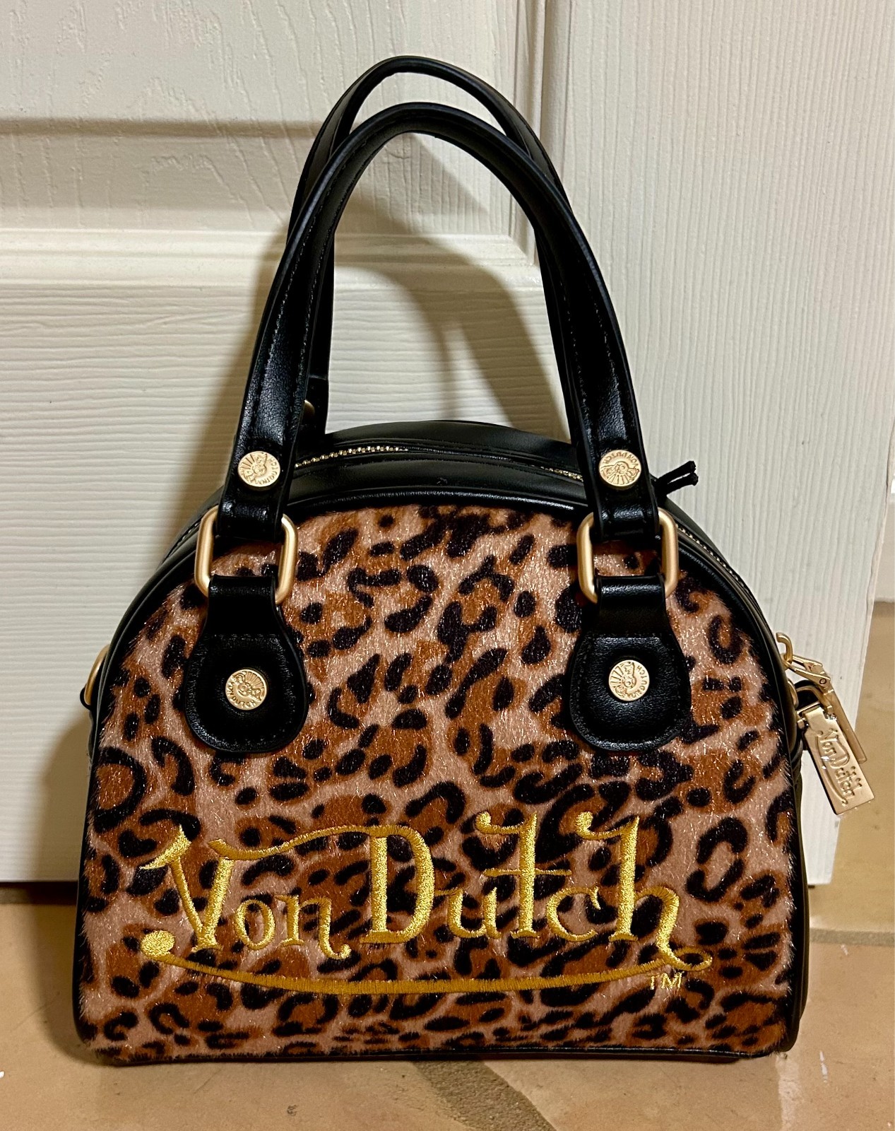 VON DUTCH Brown LEOPARD Black TRIM Calf HAIR Small BOWLER Crossbody BAG NWT