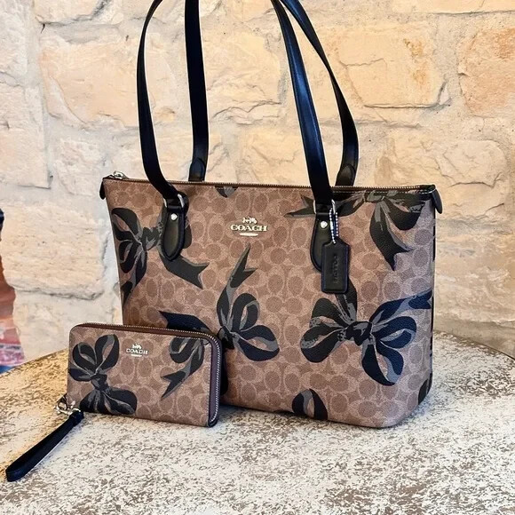 Coach Bow Print Gallery Tote Signature Canvas Brown Black Bag/Wallet Option NWT